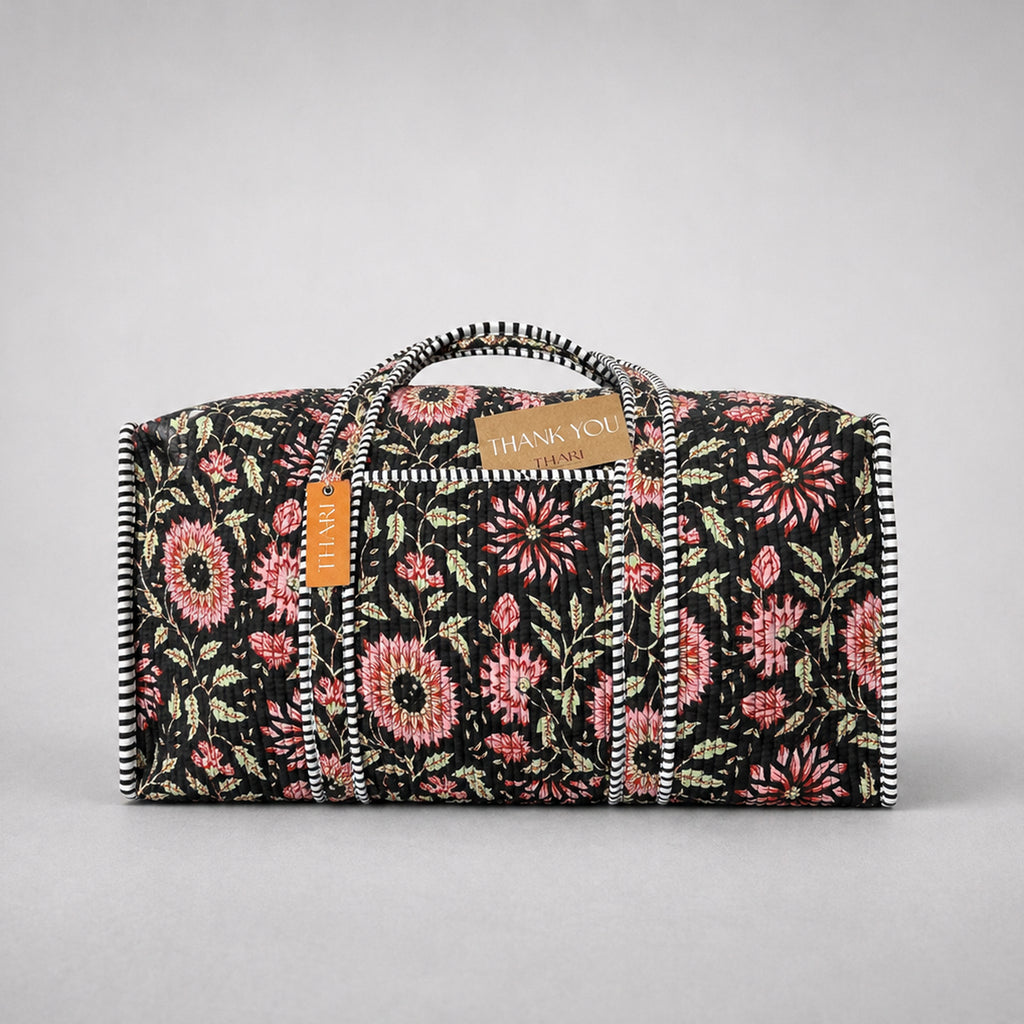 Thari Quilted Cotton Duffle Bag - Midnight Sunflower Print Weekender Travel Bag