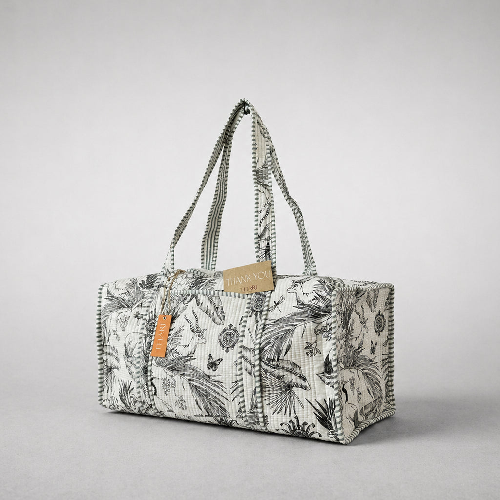Thari Quilted Cotton Duffle Bag - Heritage Wildlife Print Artisanal Travel Bag