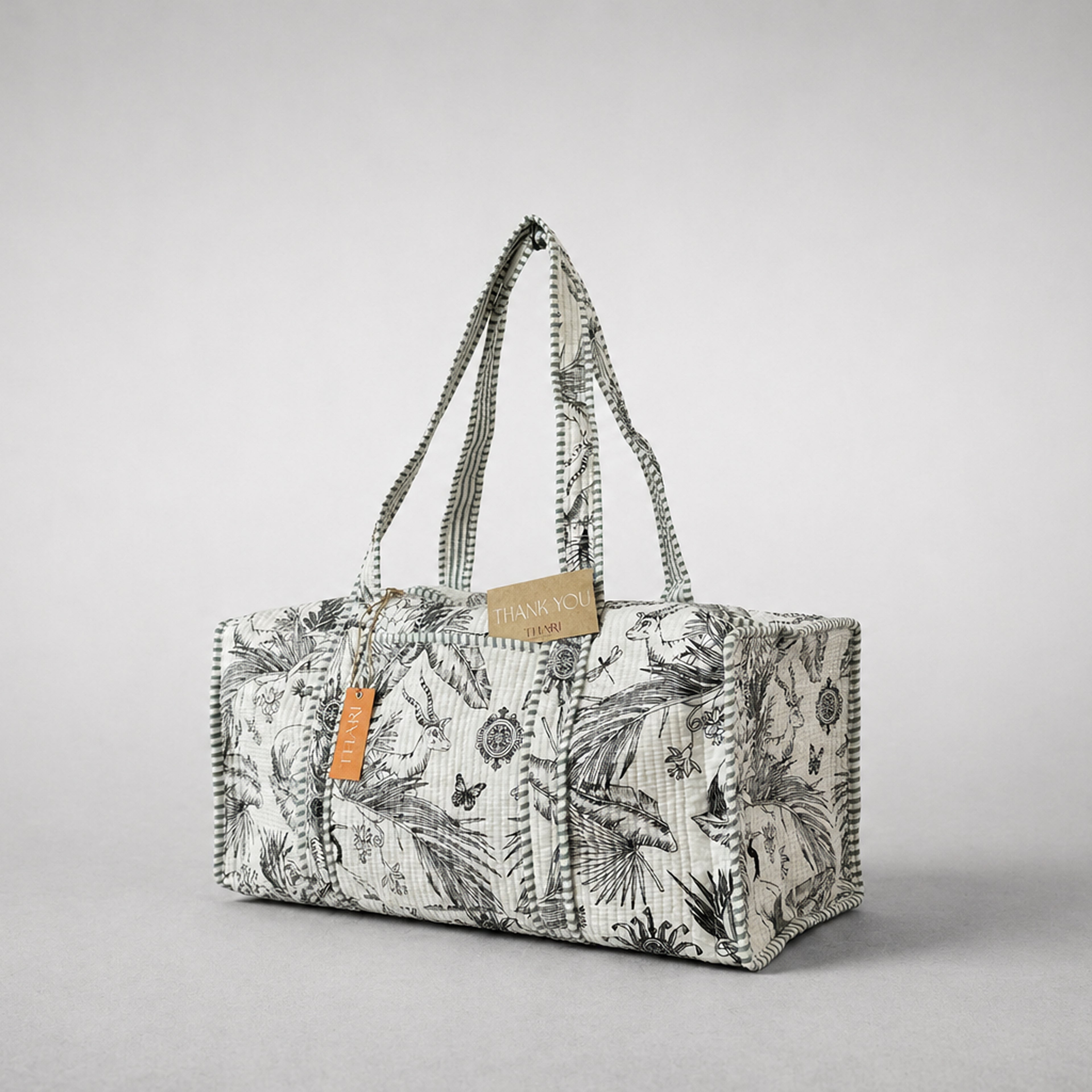 Thari Quilted Cotton Duffle Bag - Heritage Wildlife Print Artisanal Travel Bag