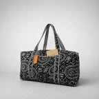 Thari Quilted Cotton Duffle Bag - Black Heritage Motif Print Artisanal Travel Bag