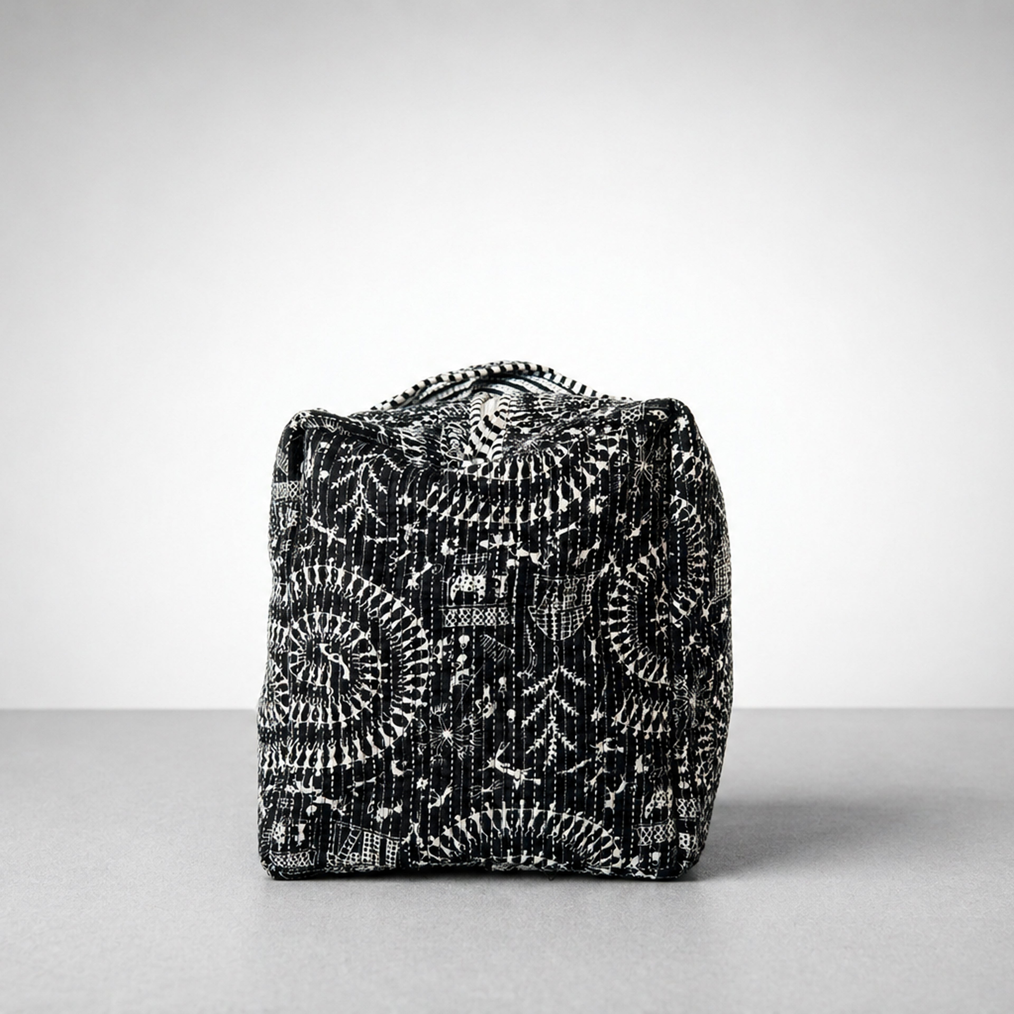 Thari Quilted Cotton Duffle Bag - Black Heritage Motif Print Artisanal Travel Bag