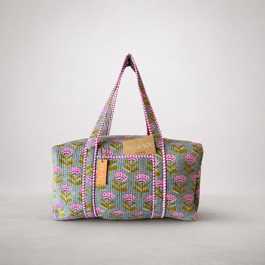 Thari Quilted Cotton Duffle Bag - Poppy Print Weekender Travel Bag