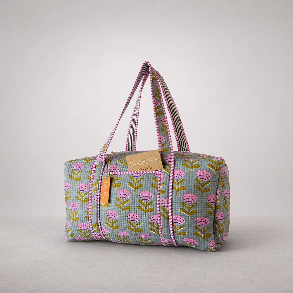 Thari Quilted Cotton Duffle Bag - Poppy Print Weekender Travel Bag