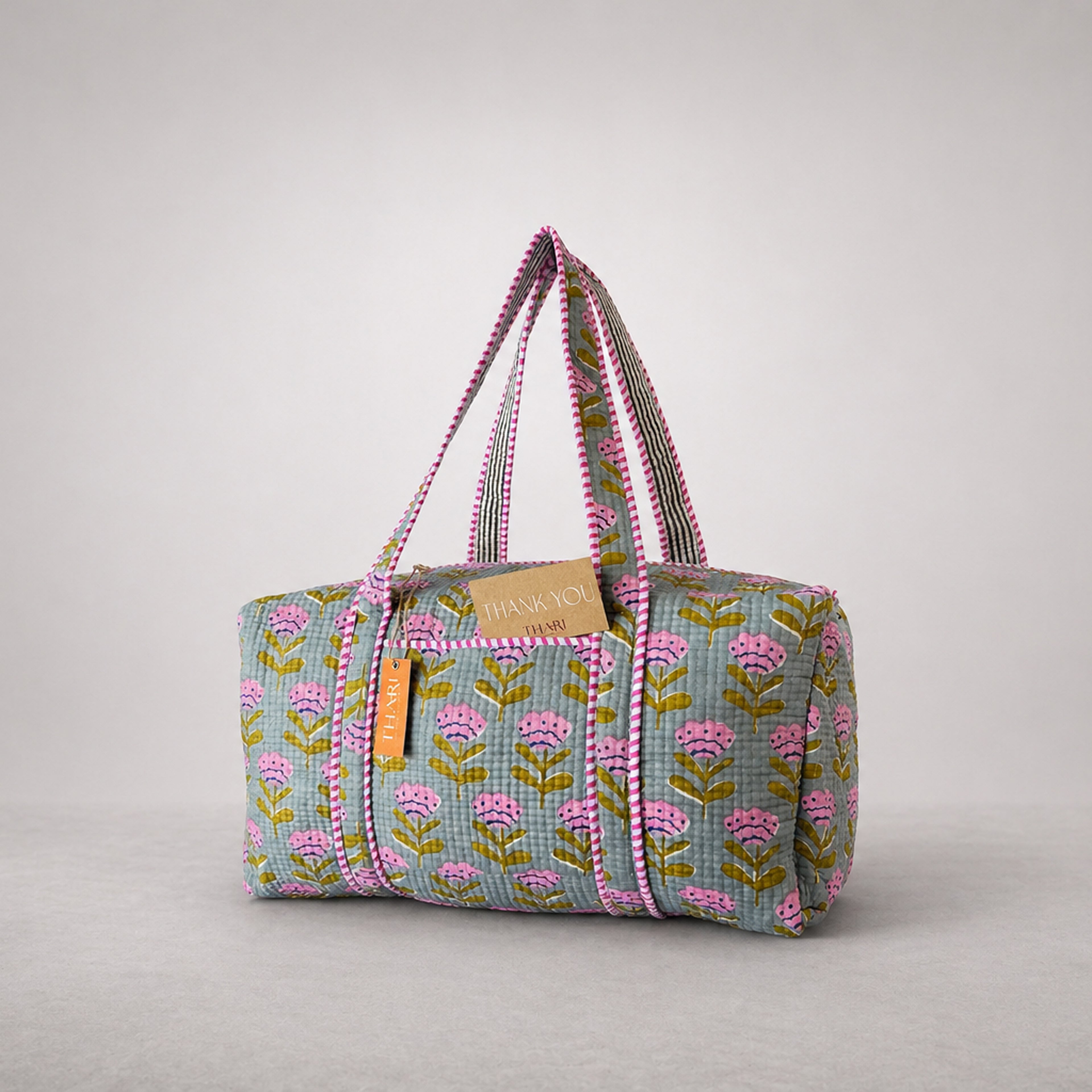 Thari Quilted Cotton Duffle Bag - Poppy Print Weekender Travel Bag