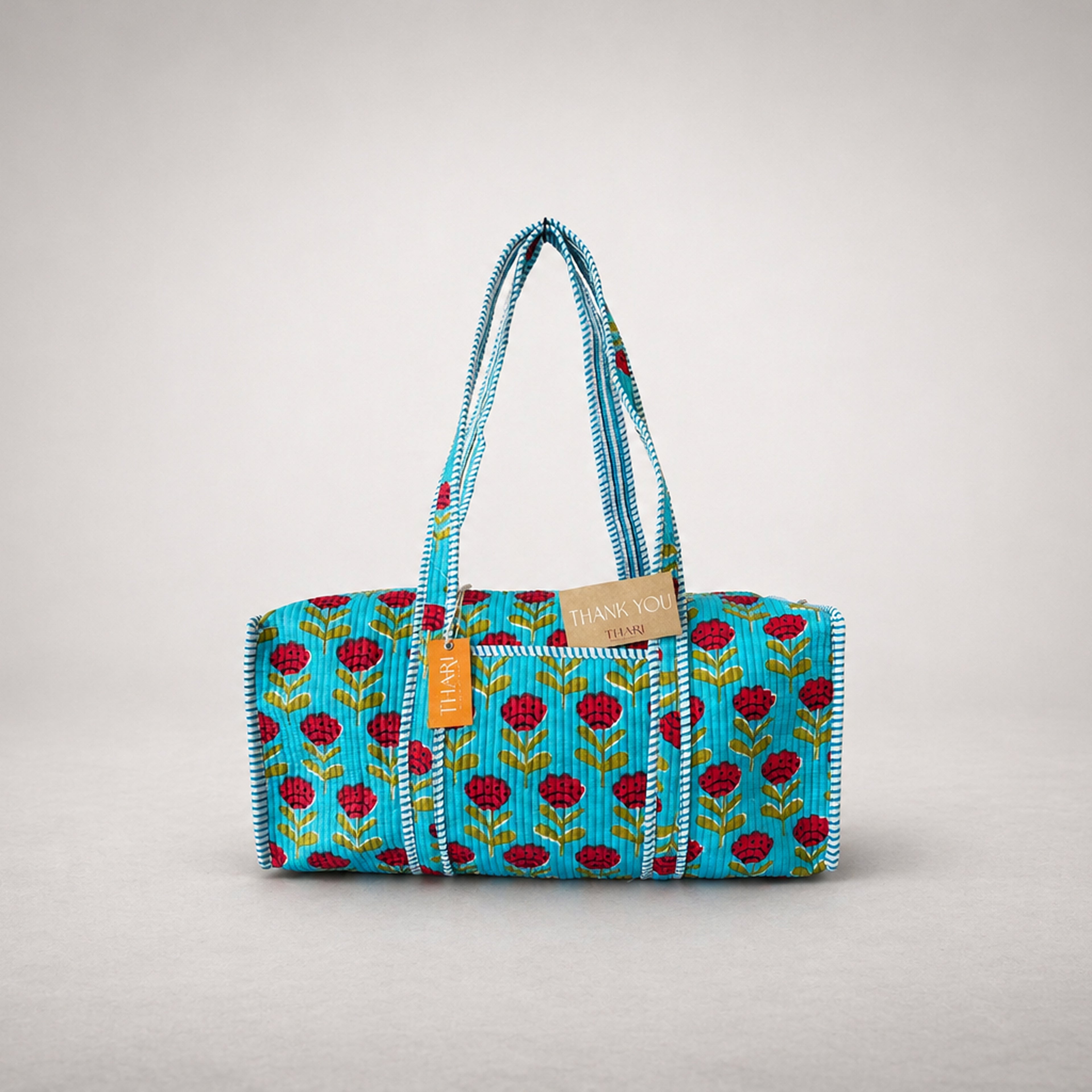 Thari Quilted Cotton Duffle Bag - Poppy Print Weekender Travel Bag