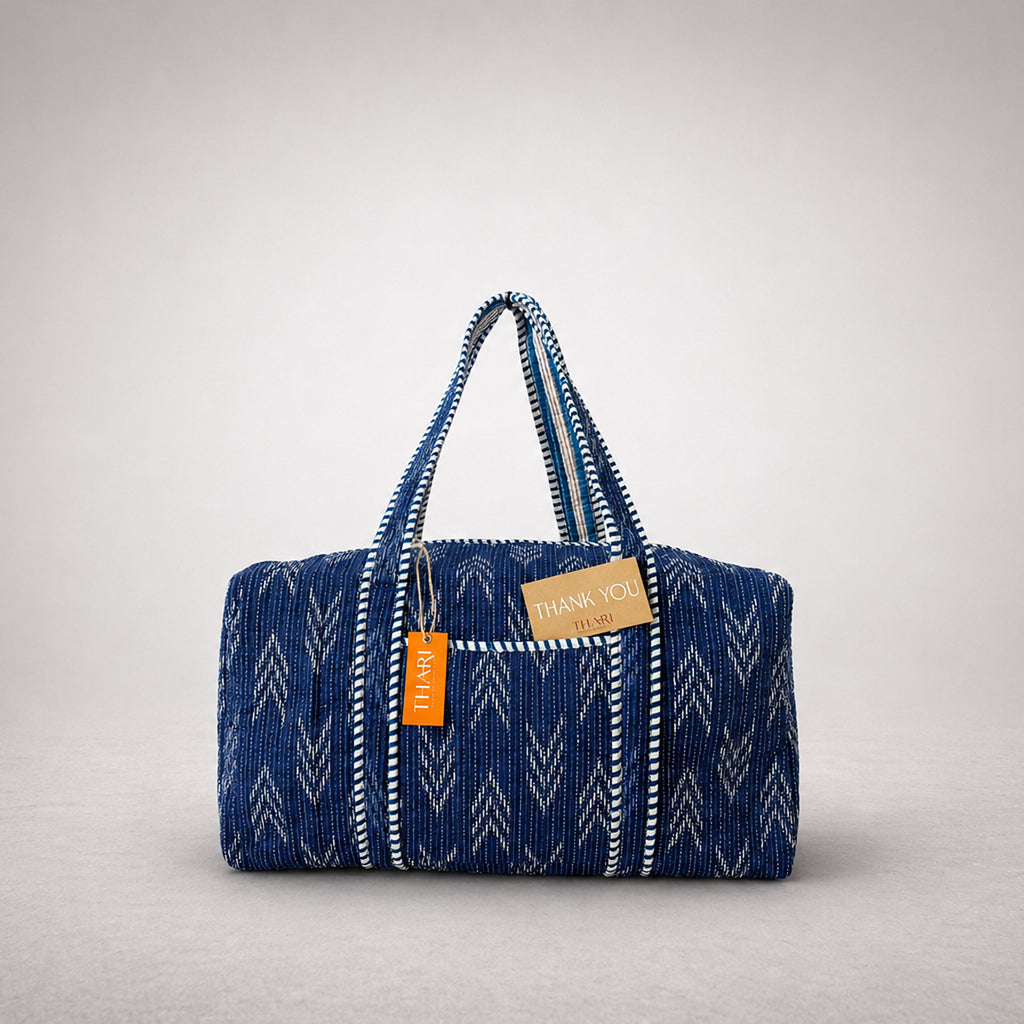 Thari Quilted Cotton Duffle Bag - Indigo Ikat Print Weekender Travel Bag