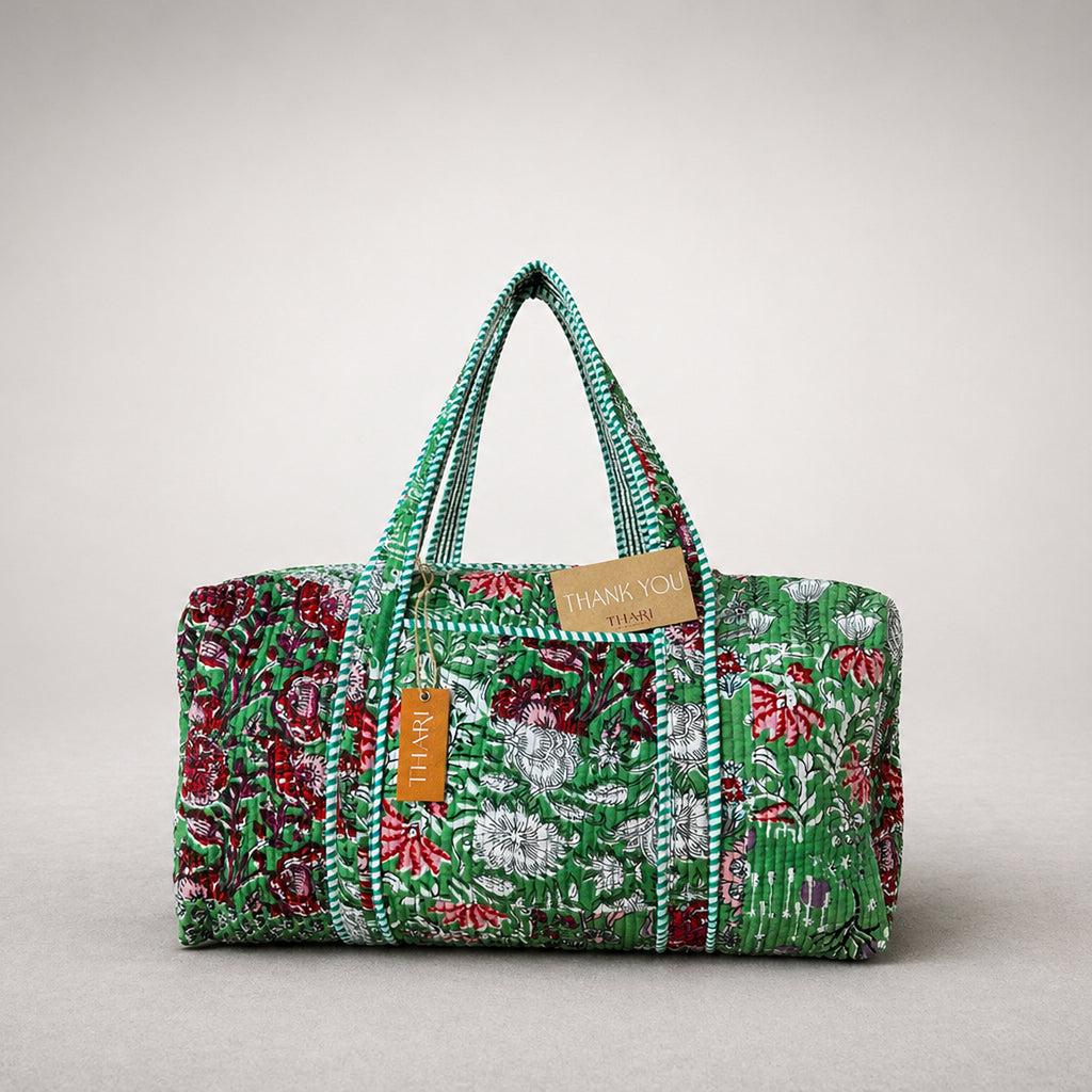 Thari Quilted Cotton Duffle Bag - Green Garden Floral Print Weekender Travel Bag