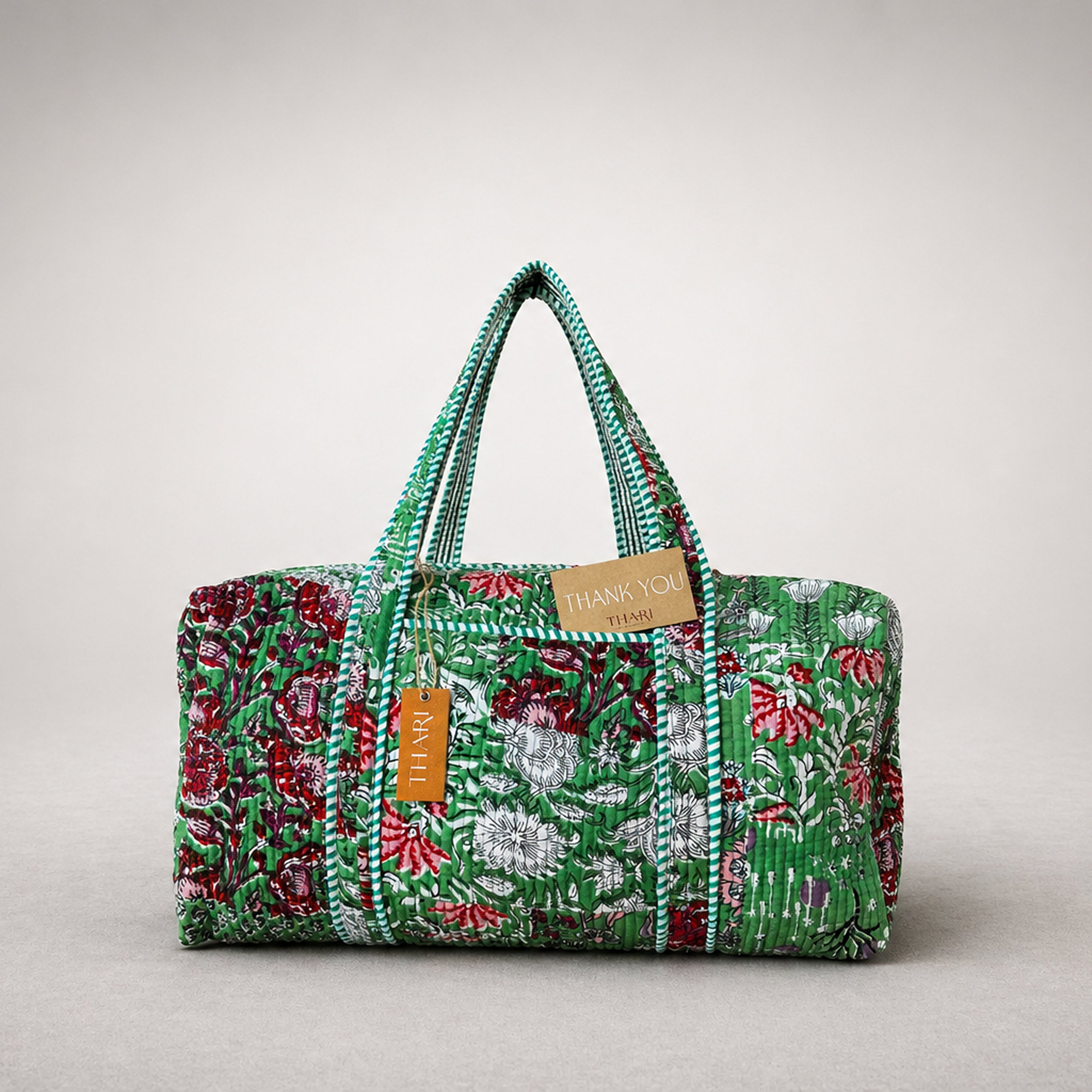Thari Quilted Cotton Duffle Bag - Green Garden Floral Print Weekender Travel Bag