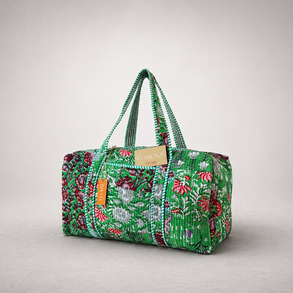 Thari Quilted Cotton Duffle Bag - Green Garden Floral Print Weekender Travel Bag