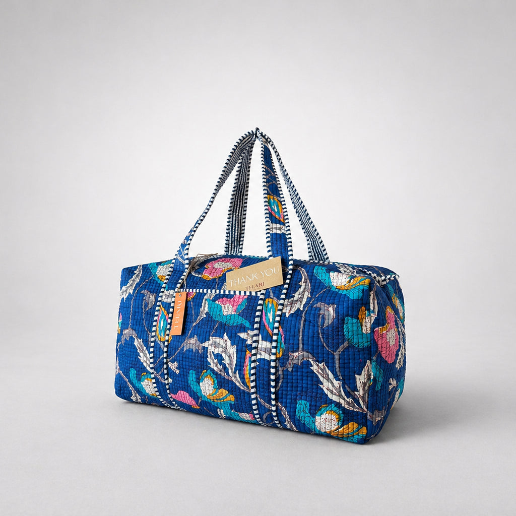 Thari Quilted Cotton Duffle Bag - Multi-Floral Print Weekender Travel Bag