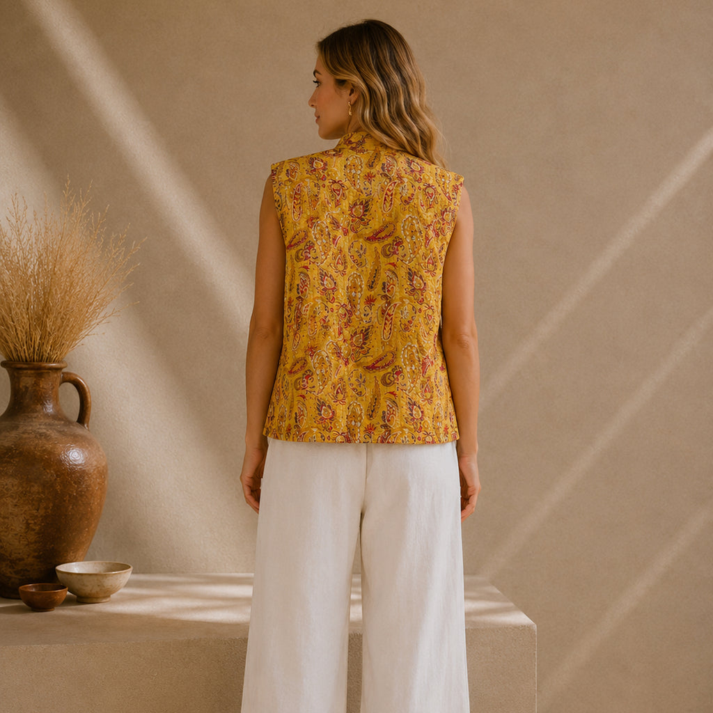 The Thari Hand-Printed Paisley & Motif Print Reversible Quilted Sleeveless Jacket