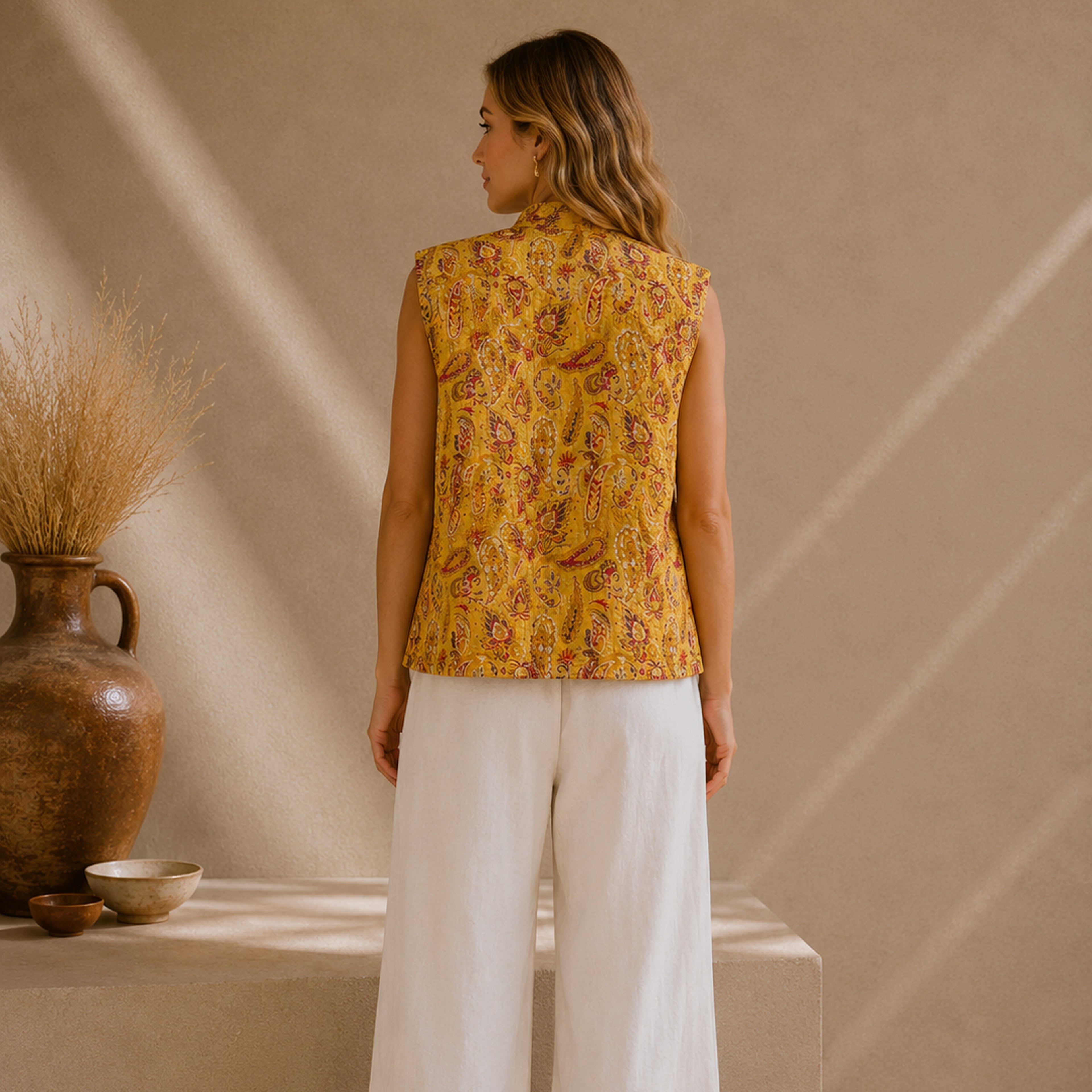The Thari Hand-Printed Paisley & Motif Print Reversible Quilted Sleeveless Jacket