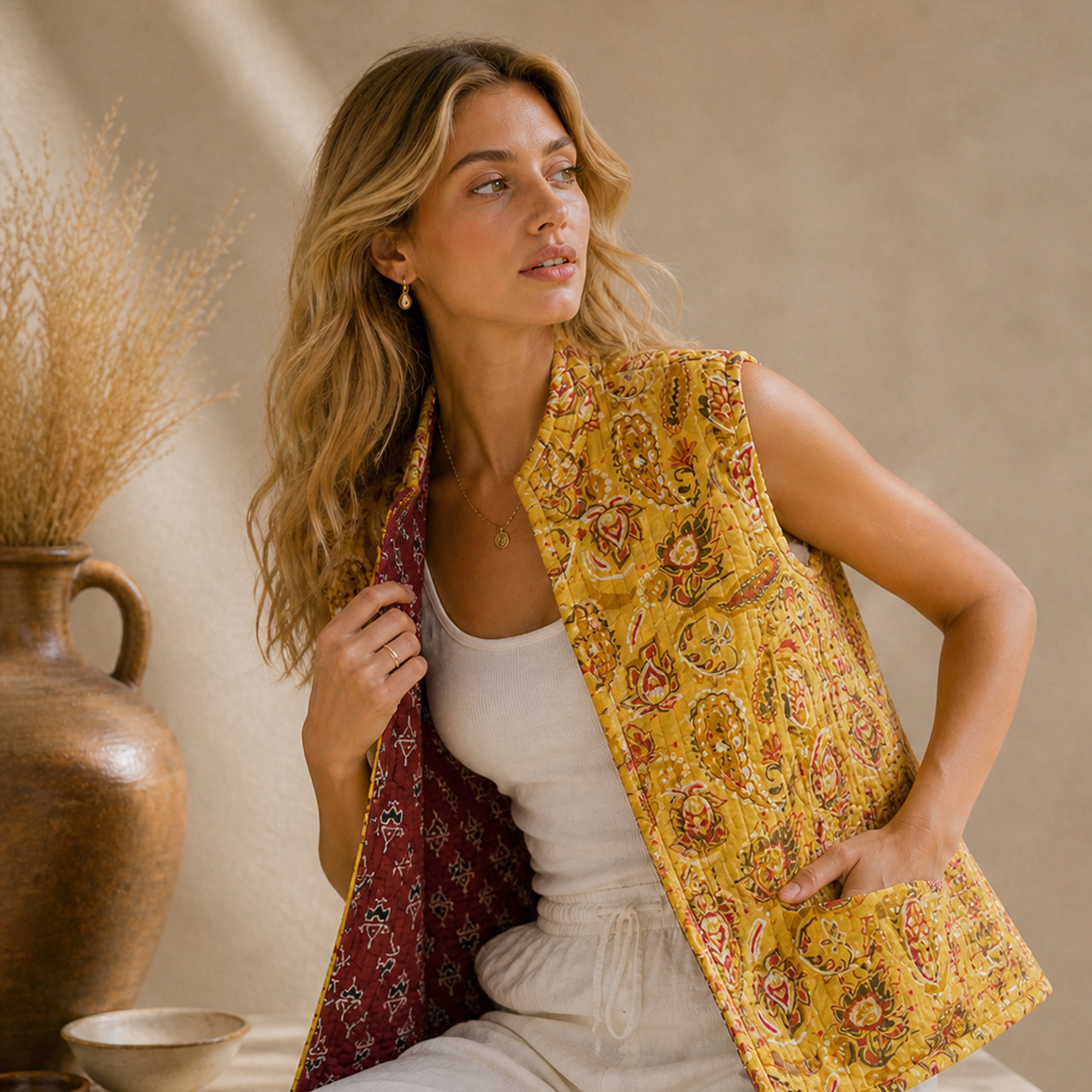 The Thari Hand-Printed Paisley & Motif Print Reversible Quilted Sleeveless Jacket