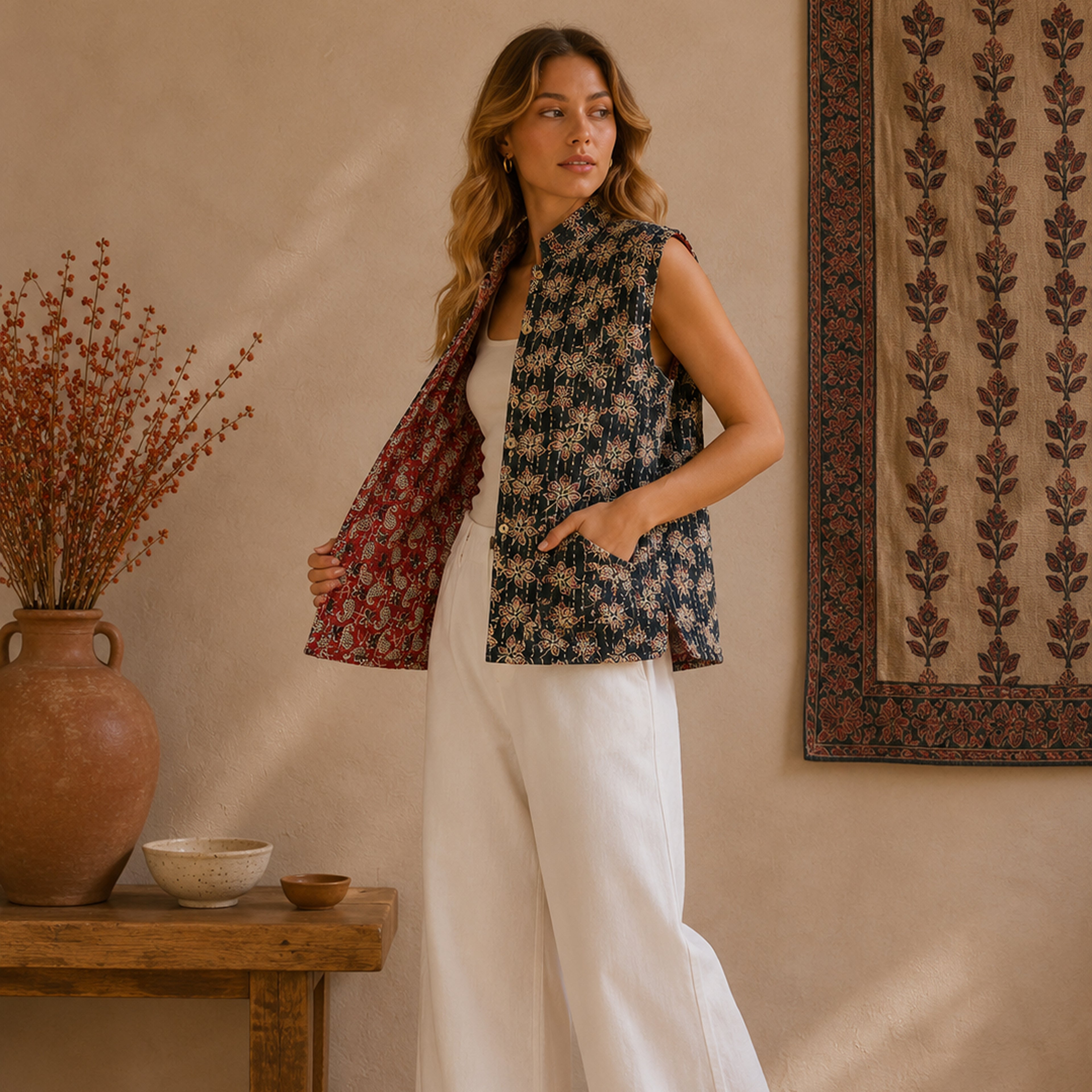 The Thari Hand-Printed Flower & Paisley Print Reversible Quilted Sleeveless Jacket