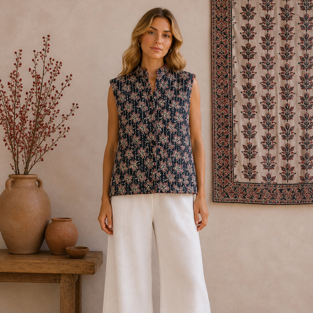 The Thari Hand-Printed Flower & Paisley Print Reversible Quilted Sleeveless Jacket