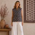 The Thari Hand-Printed Flower & Paisley Print Reversible Quilted Sleeveless Jacket