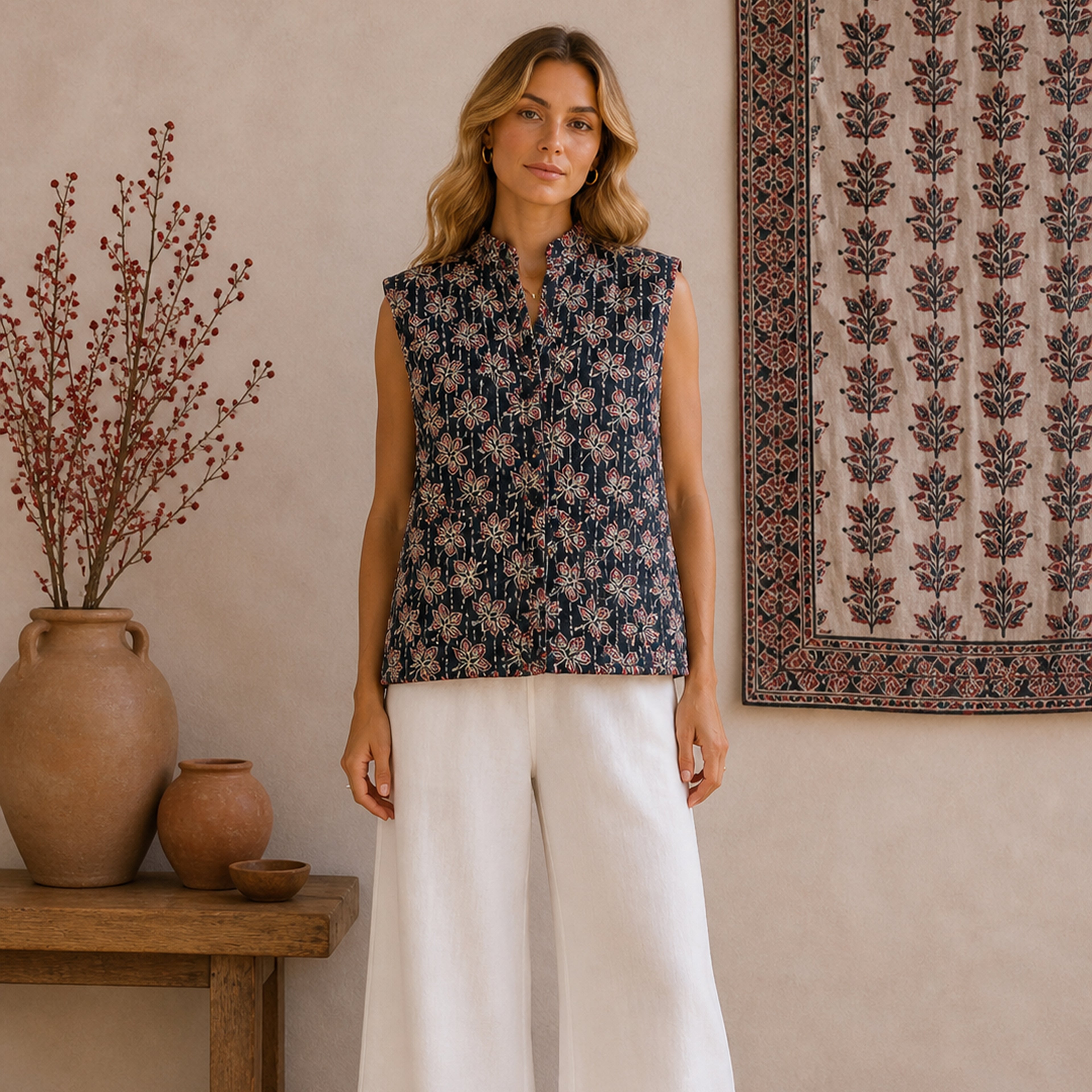 The Thari Hand-Printed Flower & Paisley Print Reversible Quilted Sleeveless Jacket