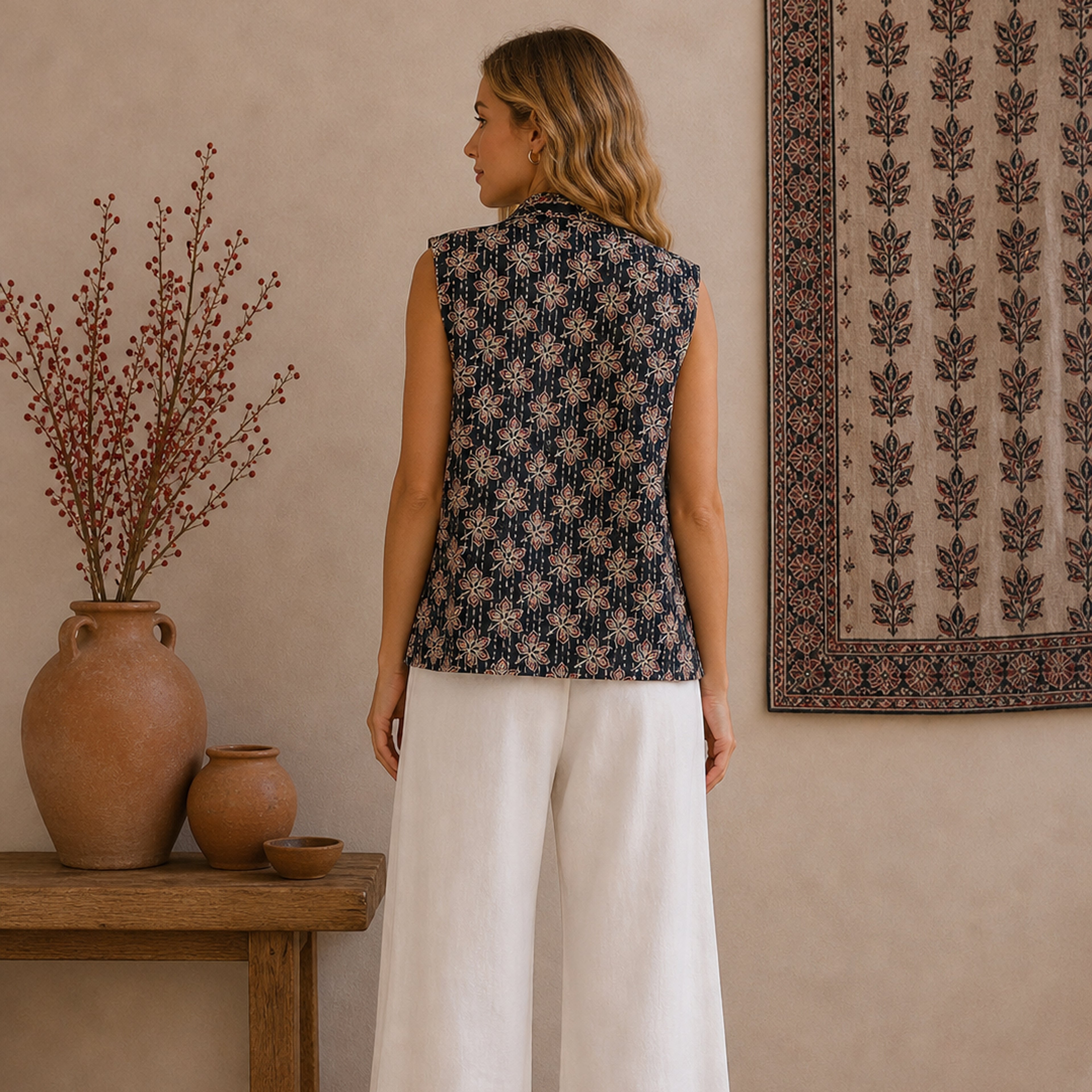 The Thari Hand-Printed Flower & Paisley Print Reversible Quilted Sleeveless Jacket