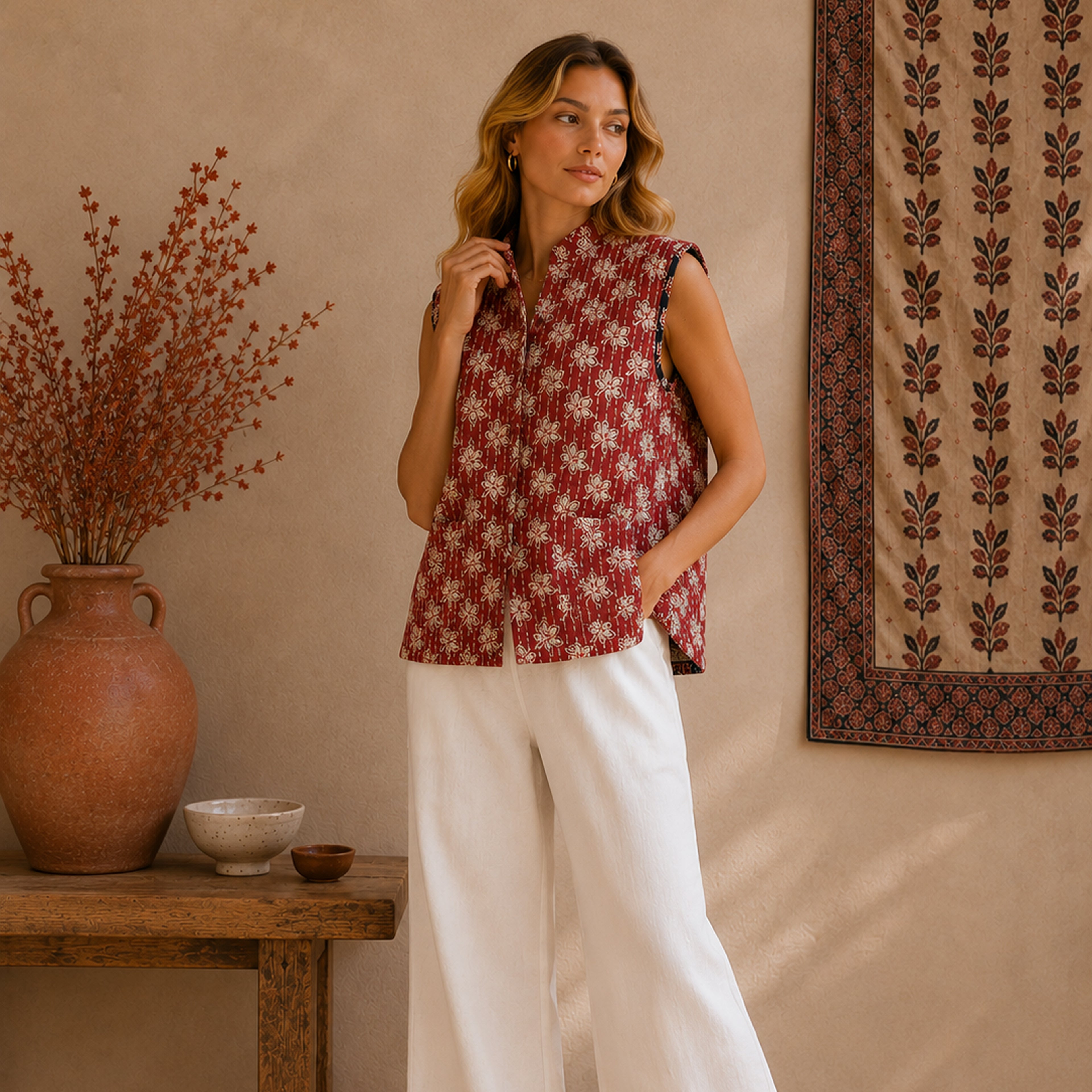 The Thari Hand-Printed Flower & Paisley Print Reversible Quilted Sleeveless Jacket