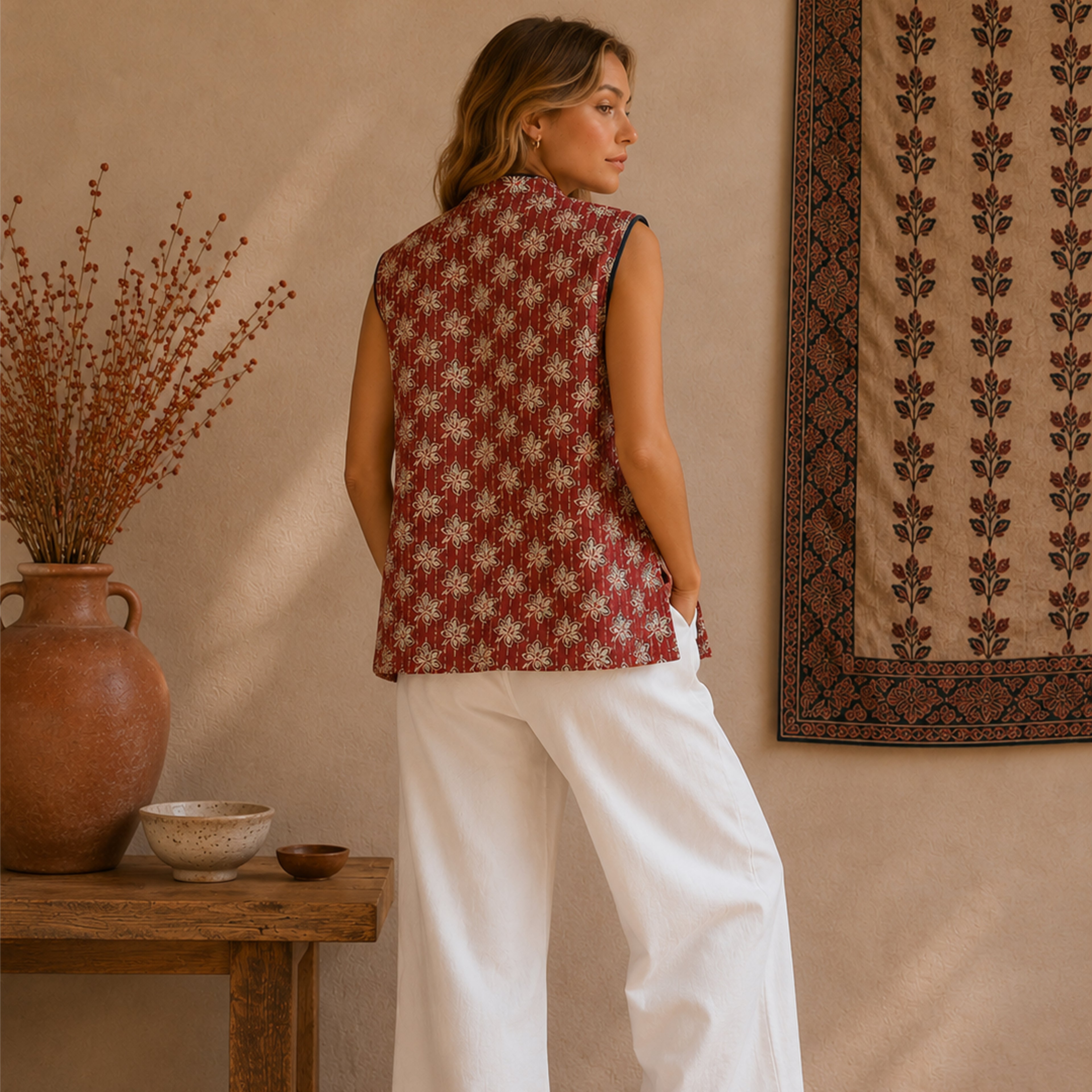 The Thari Hand-Printed Flower & Paisley Print Reversible Quilted Sleeveless Jacket