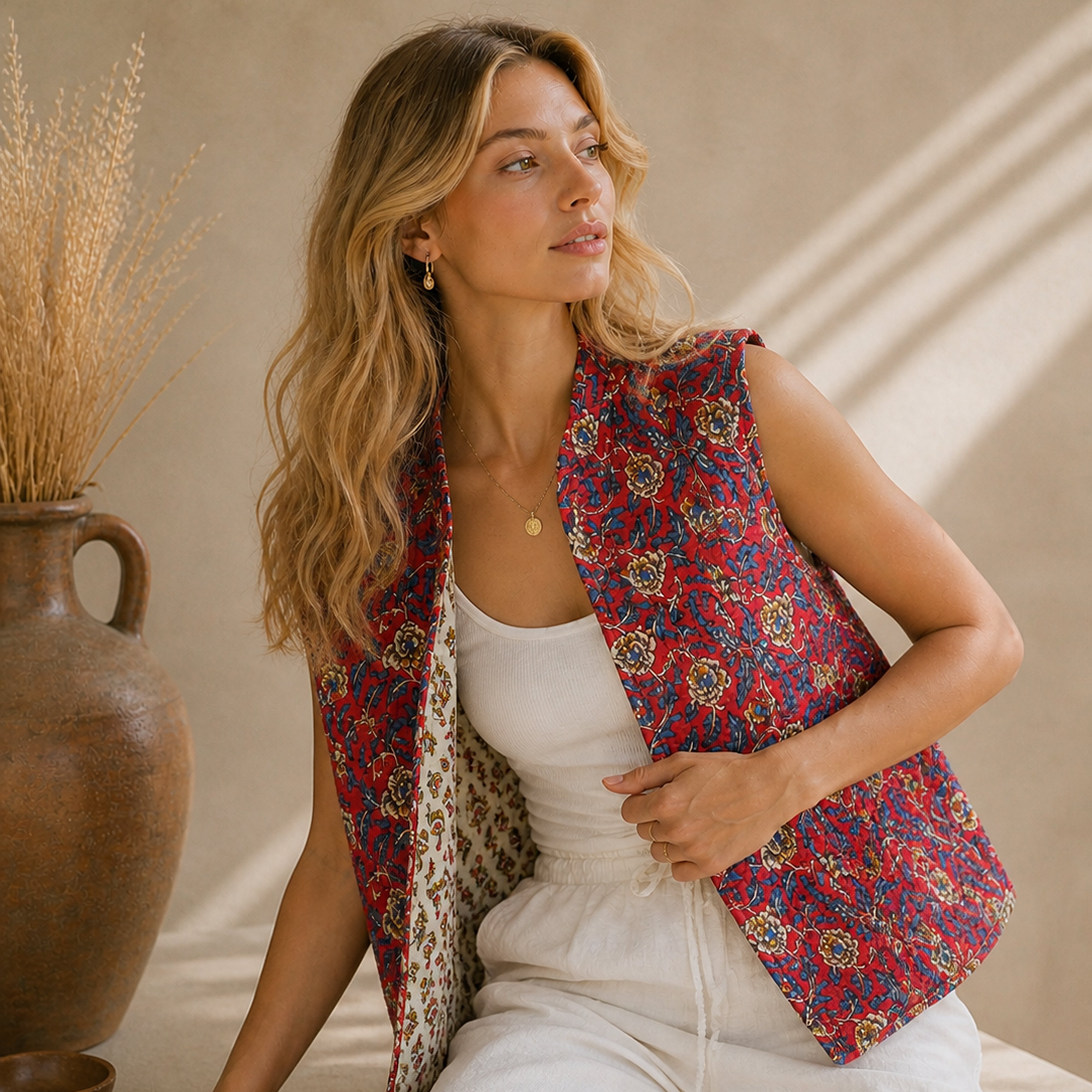 Garden & Motif Print Reversible Quilted Sleeveless Jacket