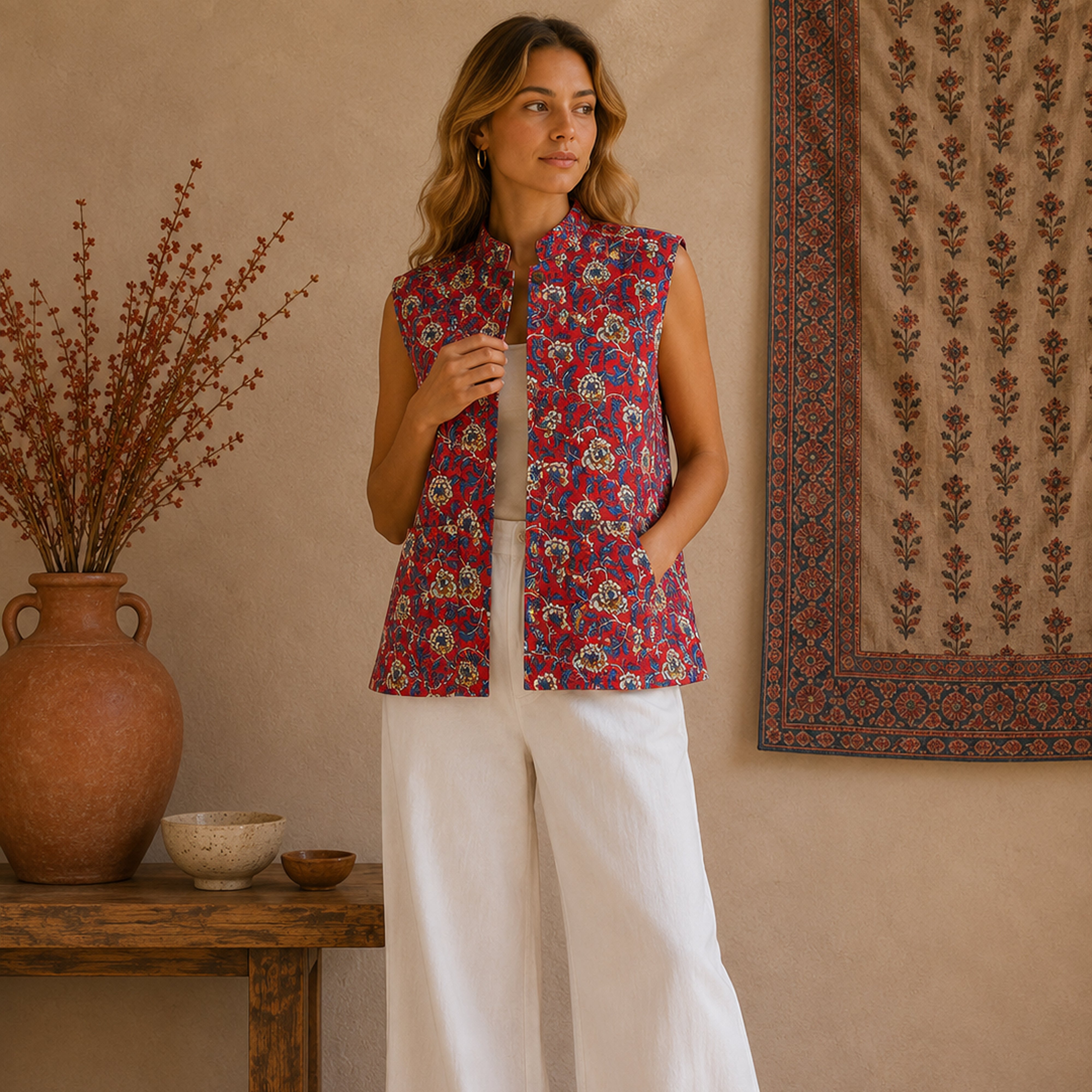 Garden & Motif Print Reversible Quilted Sleeveless Jacket