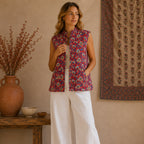 The Thari Hand-Printed Garden & Motif Print Reversible Quilted Sleeveless Jacket