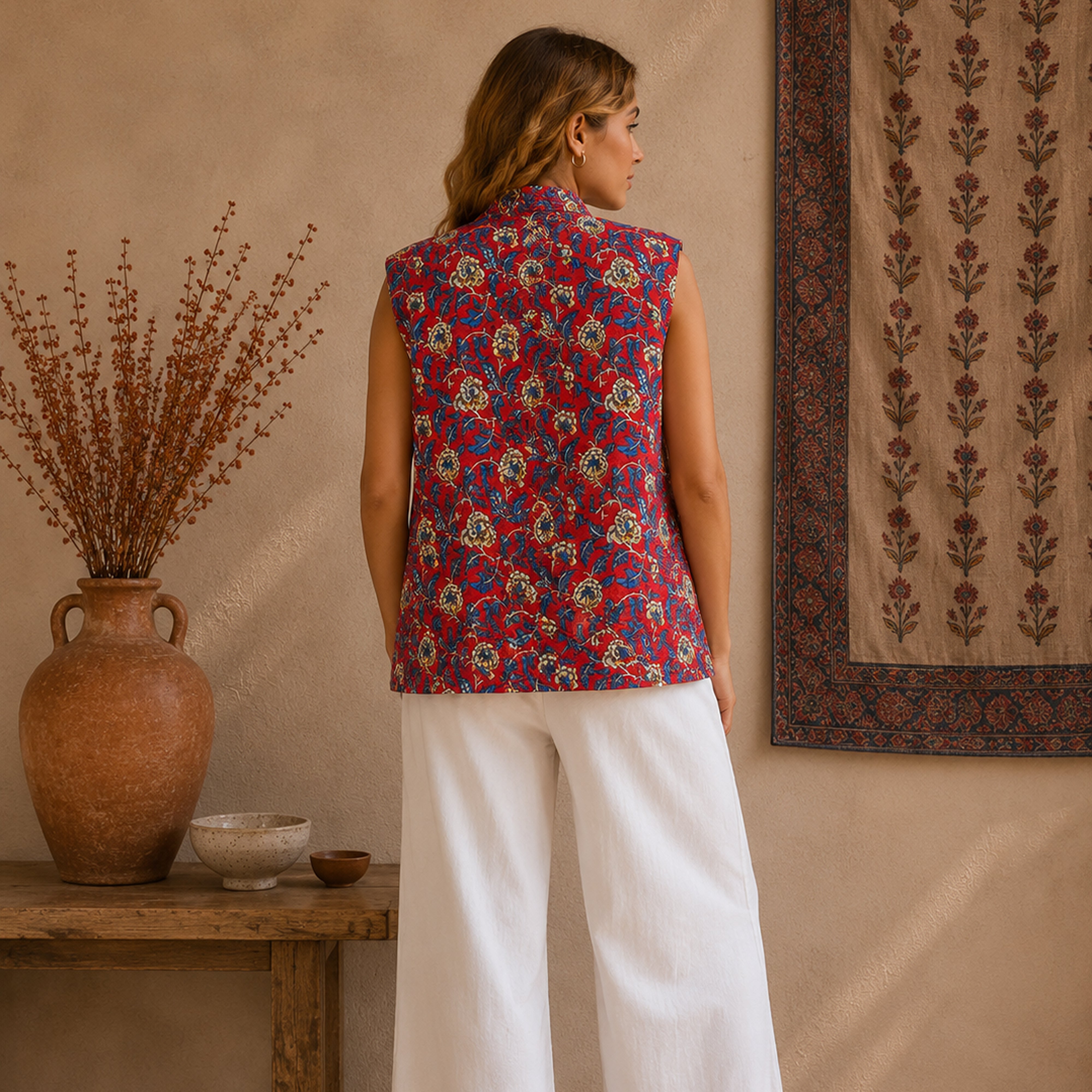 Garden & Motif Print Reversible Quilted Sleeveless Jacket