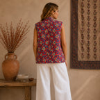 The Thari Hand-Printed Garden & Motif Print Reversible Quilted Sleeveless Jacket