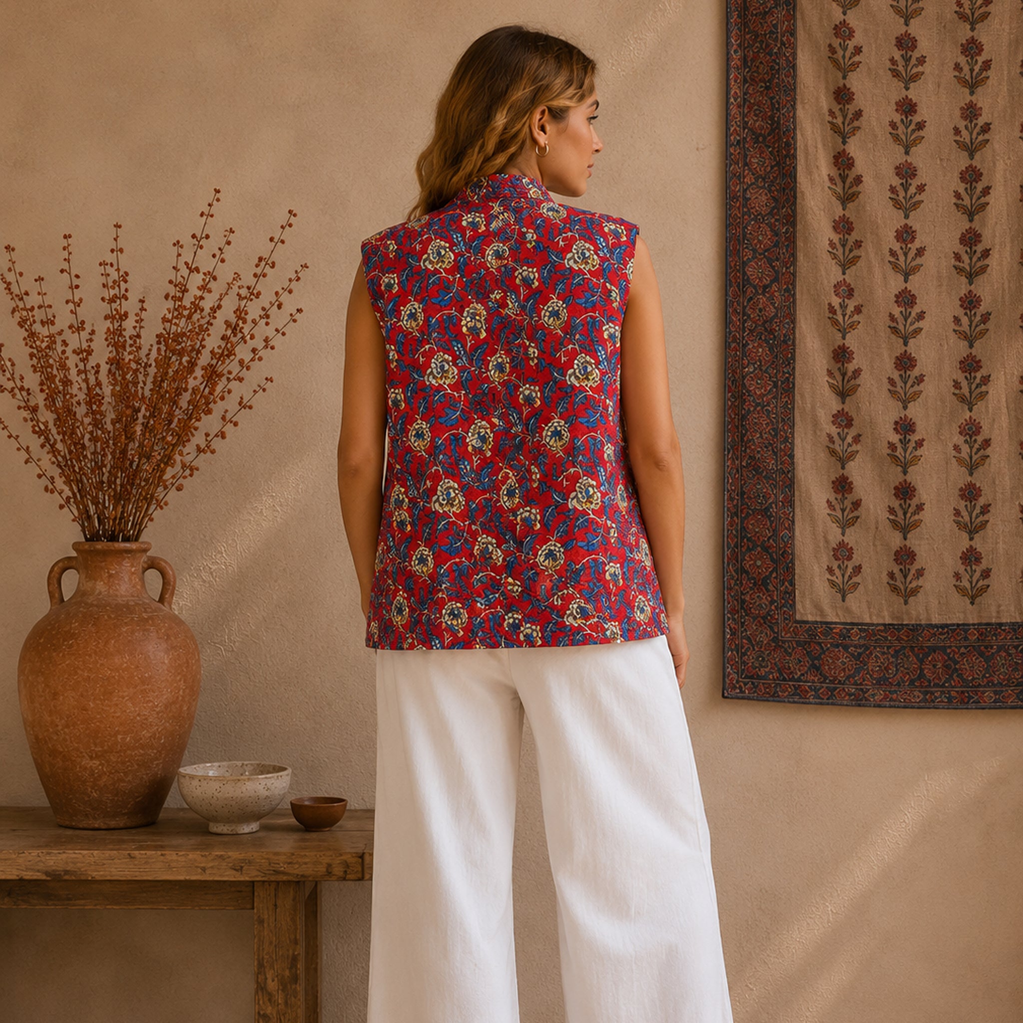 Garden & Motif Print Reversible Quilted Sleeveless Jacket