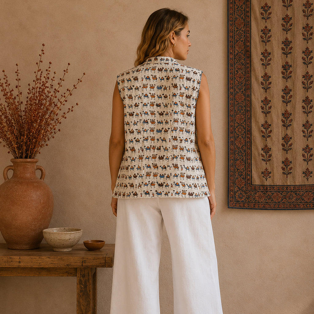 The Thari Hand-Printed Camel & Illusion Print Reversible Quilted Sleeveless Jacket