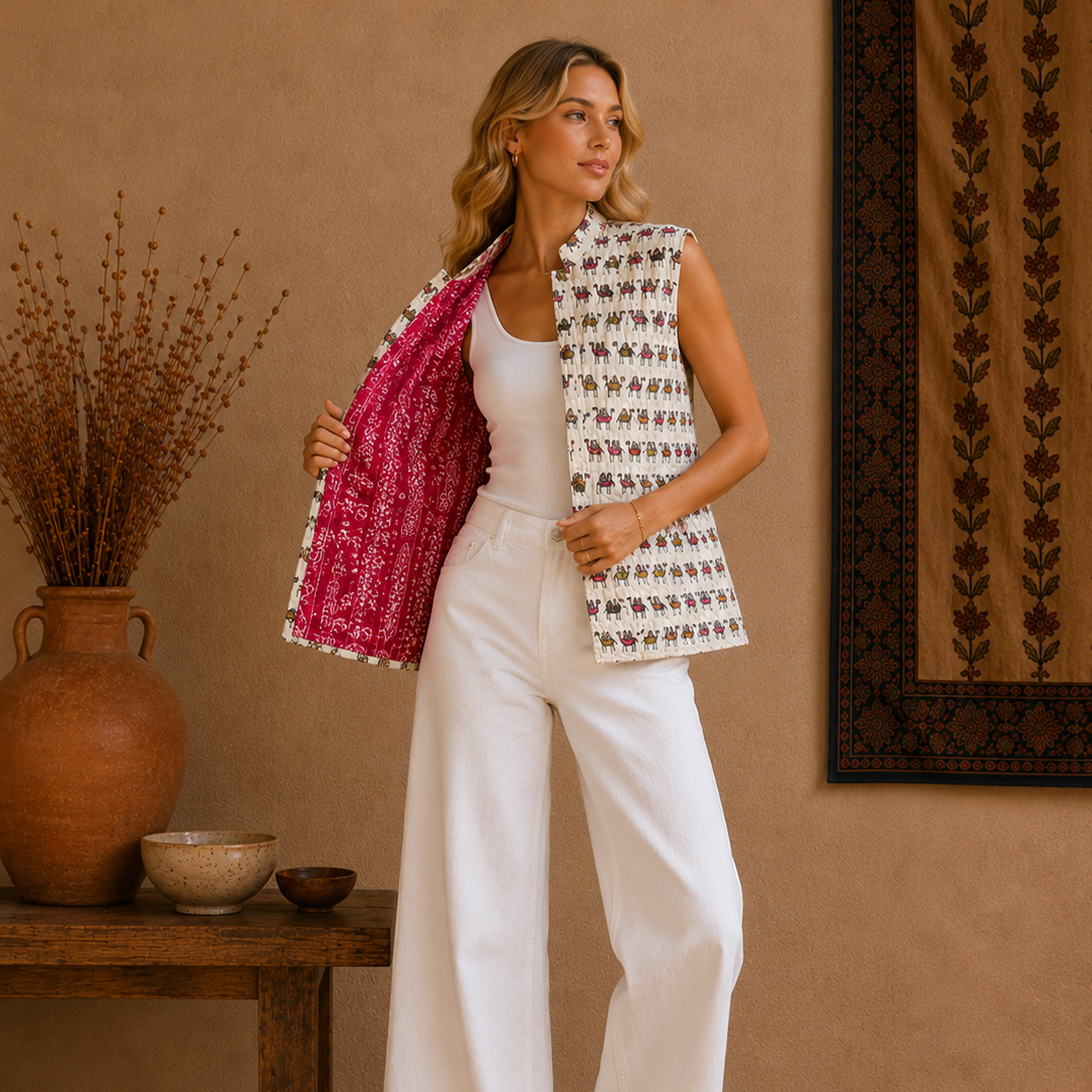 The Thari Hand-Printed Camel & Illusion Print Reversible Quilted Sleeveless Jacket