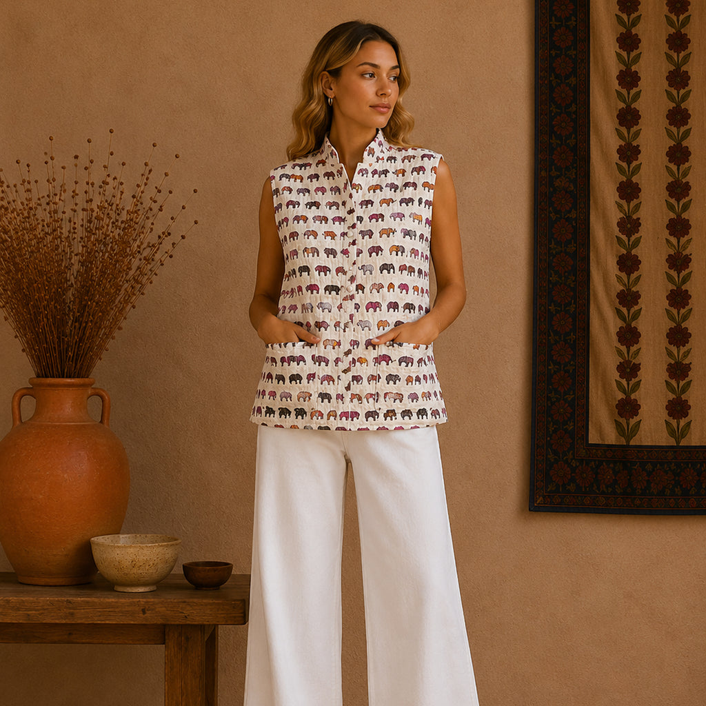 The Thari Hand-Printed Elephant & Flower Print Reversible Quilted Sleeveless Jacket