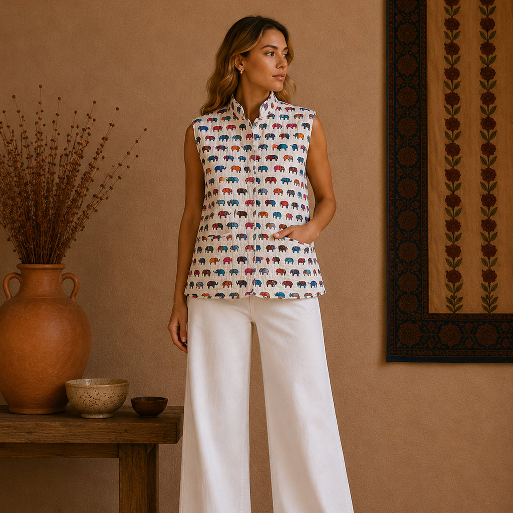 The Thari Hand-Printed Elephant & Flower Print Reversible Quilted Sleeveless Jacket