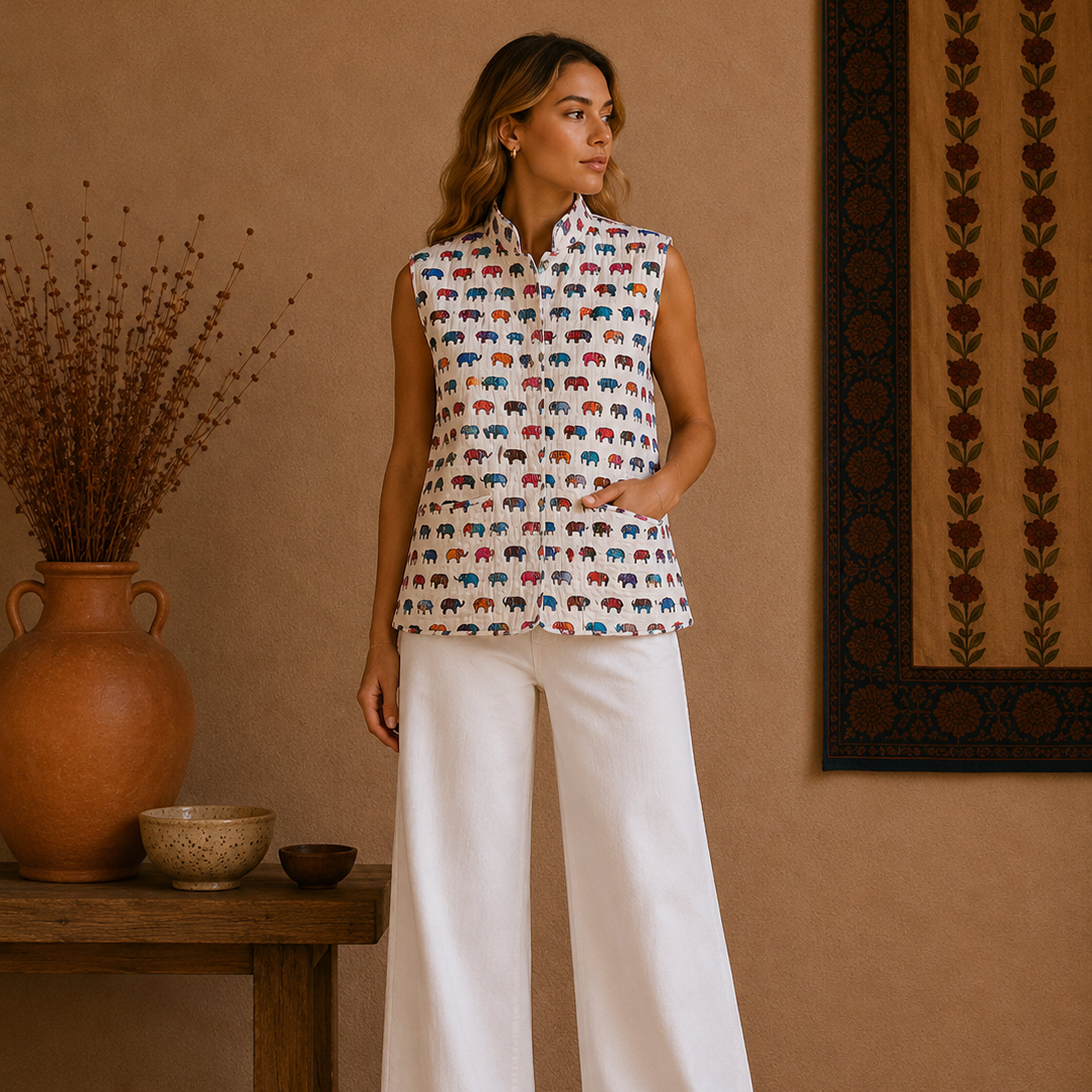 The Thari Hand-Printed Elephant & Flower Print Reversible Quilted Sleeveless Jacket
