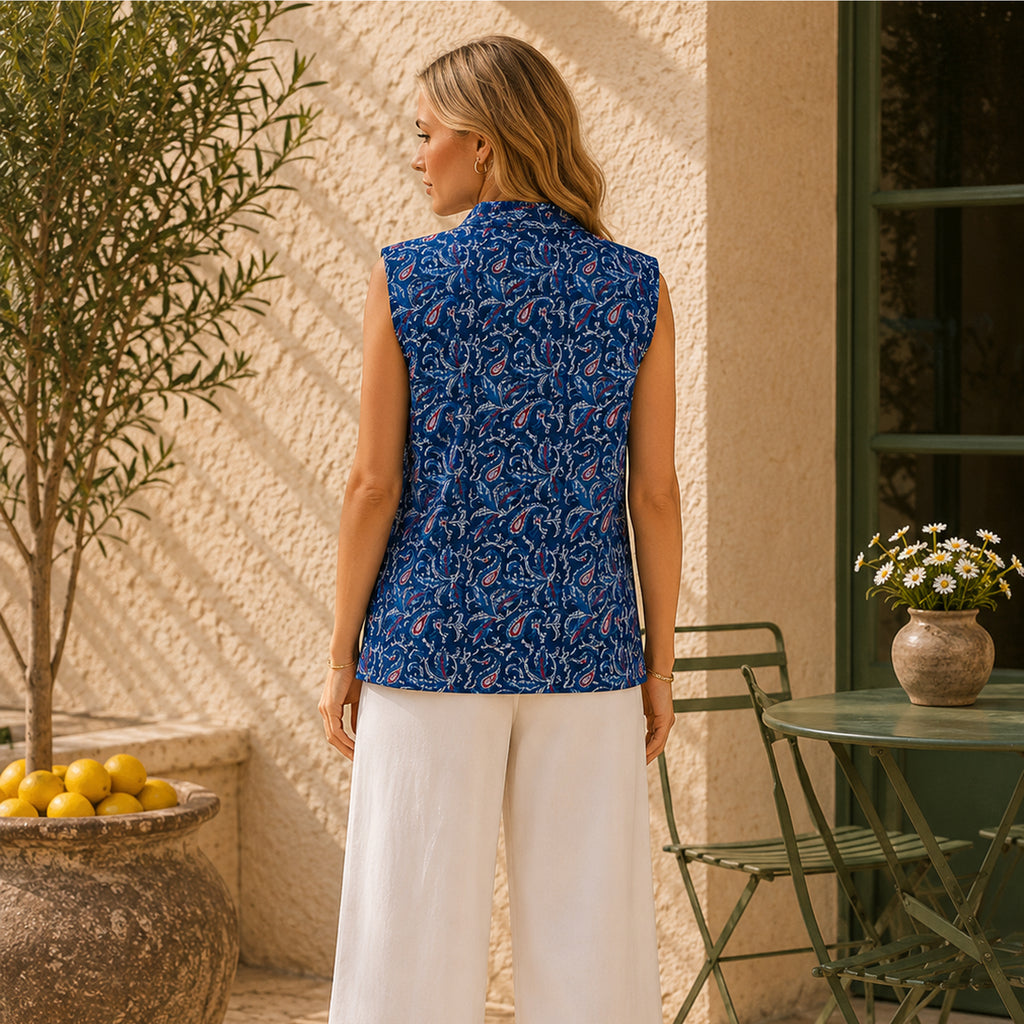 The Thari Hand-Printed Leafy Paisley & Motif Print Reversible Quilted Sleeveless Jacket