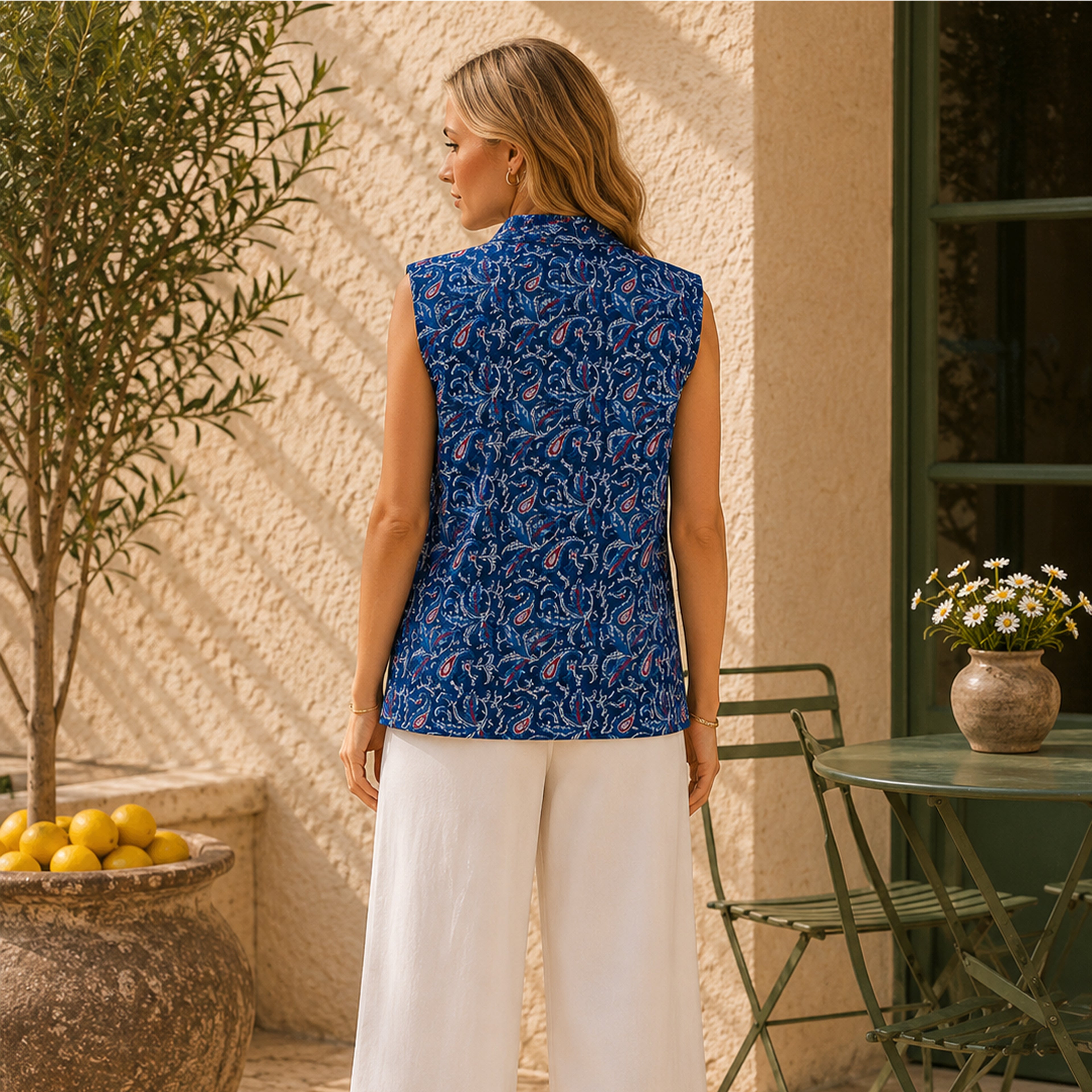 The Thari Hand-Printed Leafy Paisley & Motif Print Reversible Quilted Sleeveless Jacket