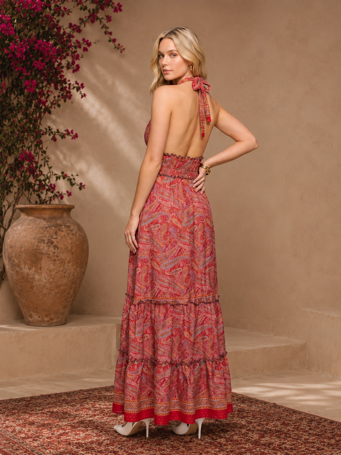 The Thari Paisley Print Silk Halter Dress