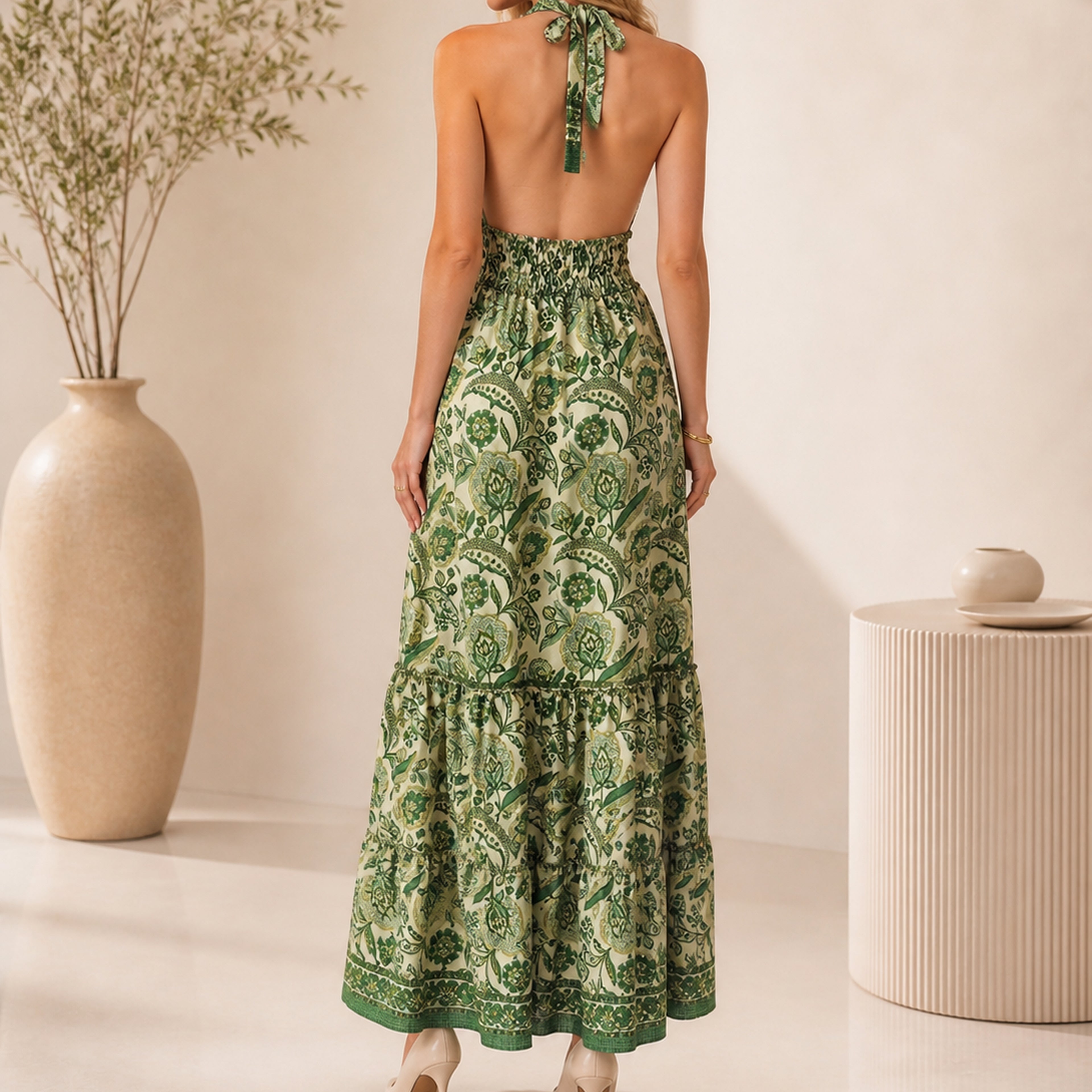 The Thari Floral Print Silk Halter Dress