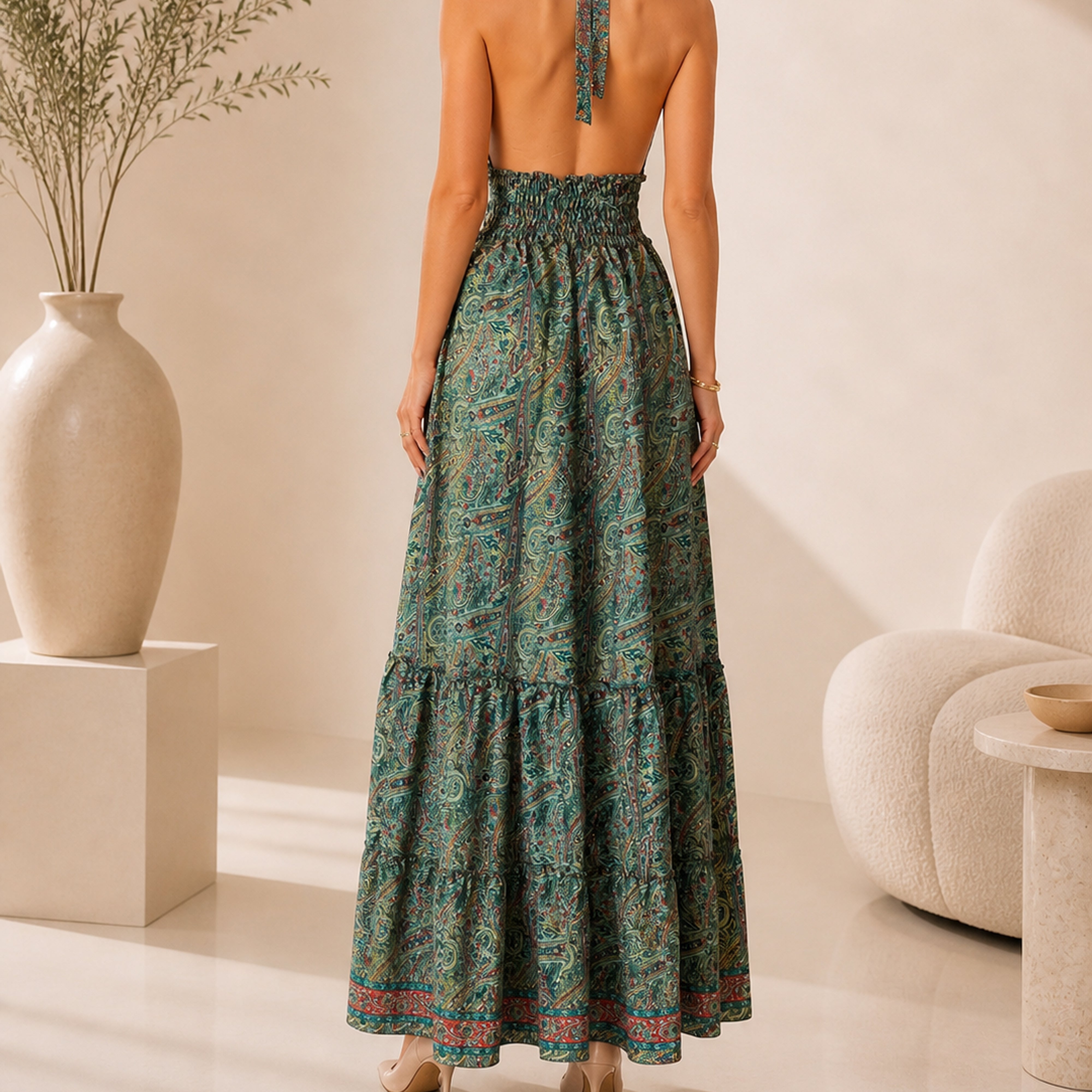 Thari Paisley Print Silk Halter Dress