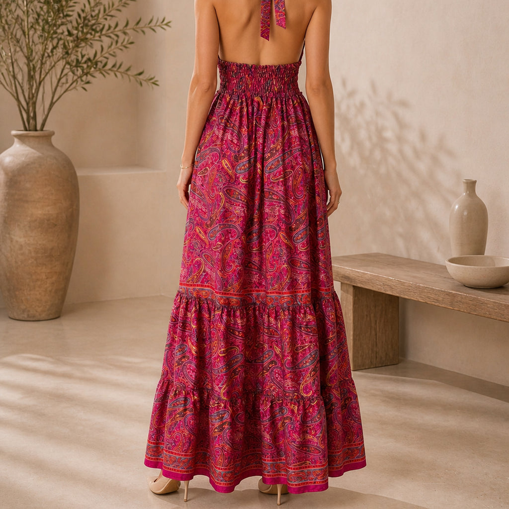 The Thari Paisley Print Silk Halter Dress