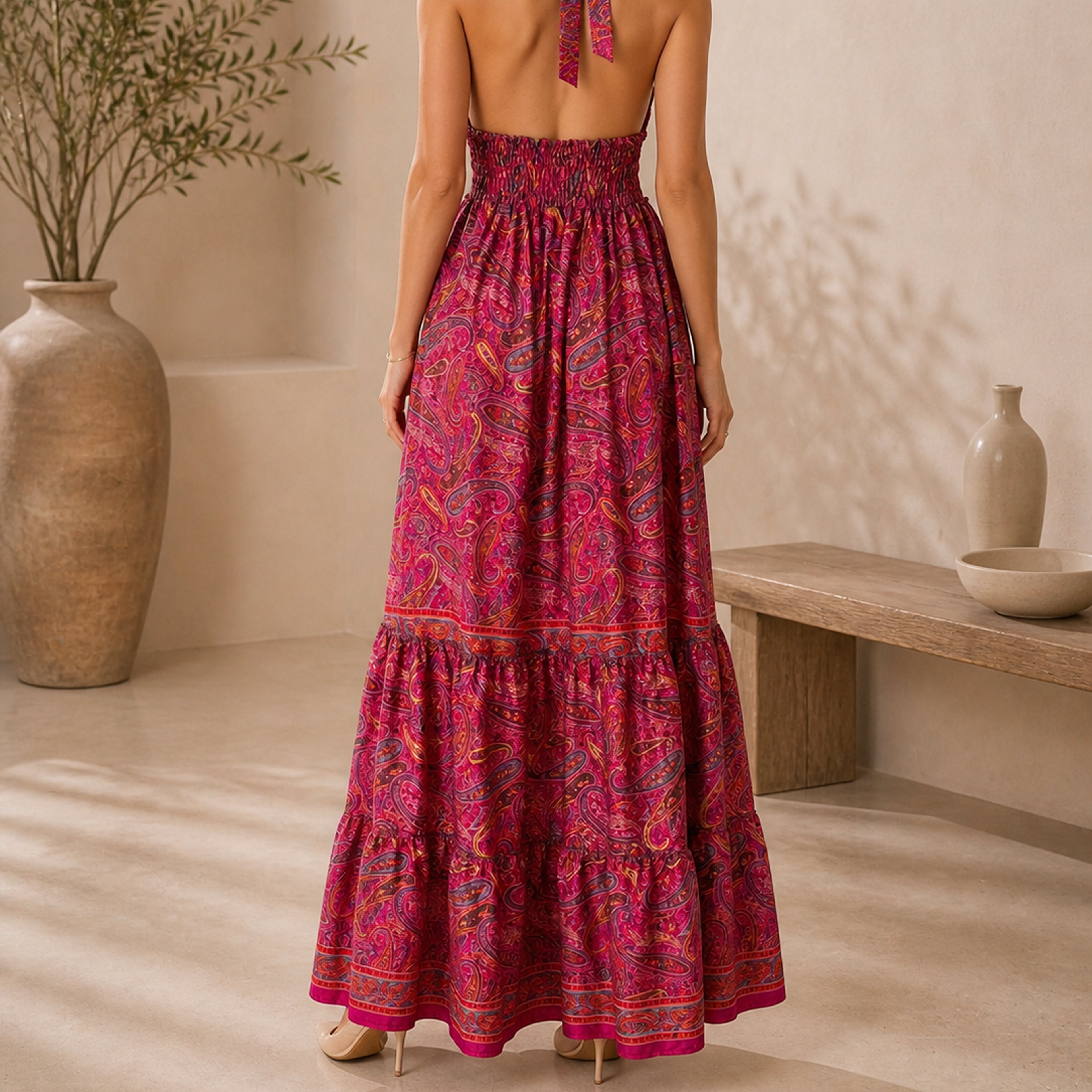 The Thari Paisley Print Silk Halter Dress