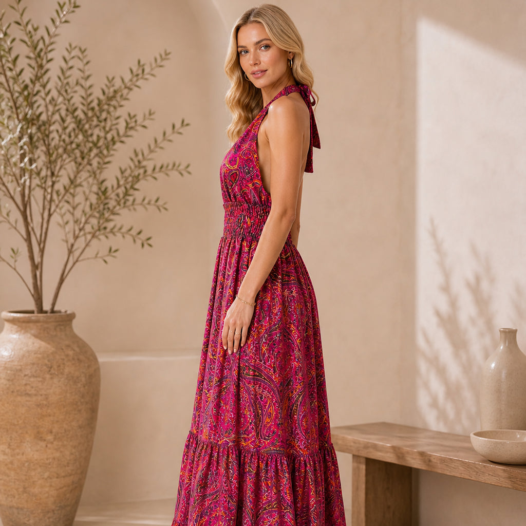 The Thari Paisley Print Silk Halter Dress