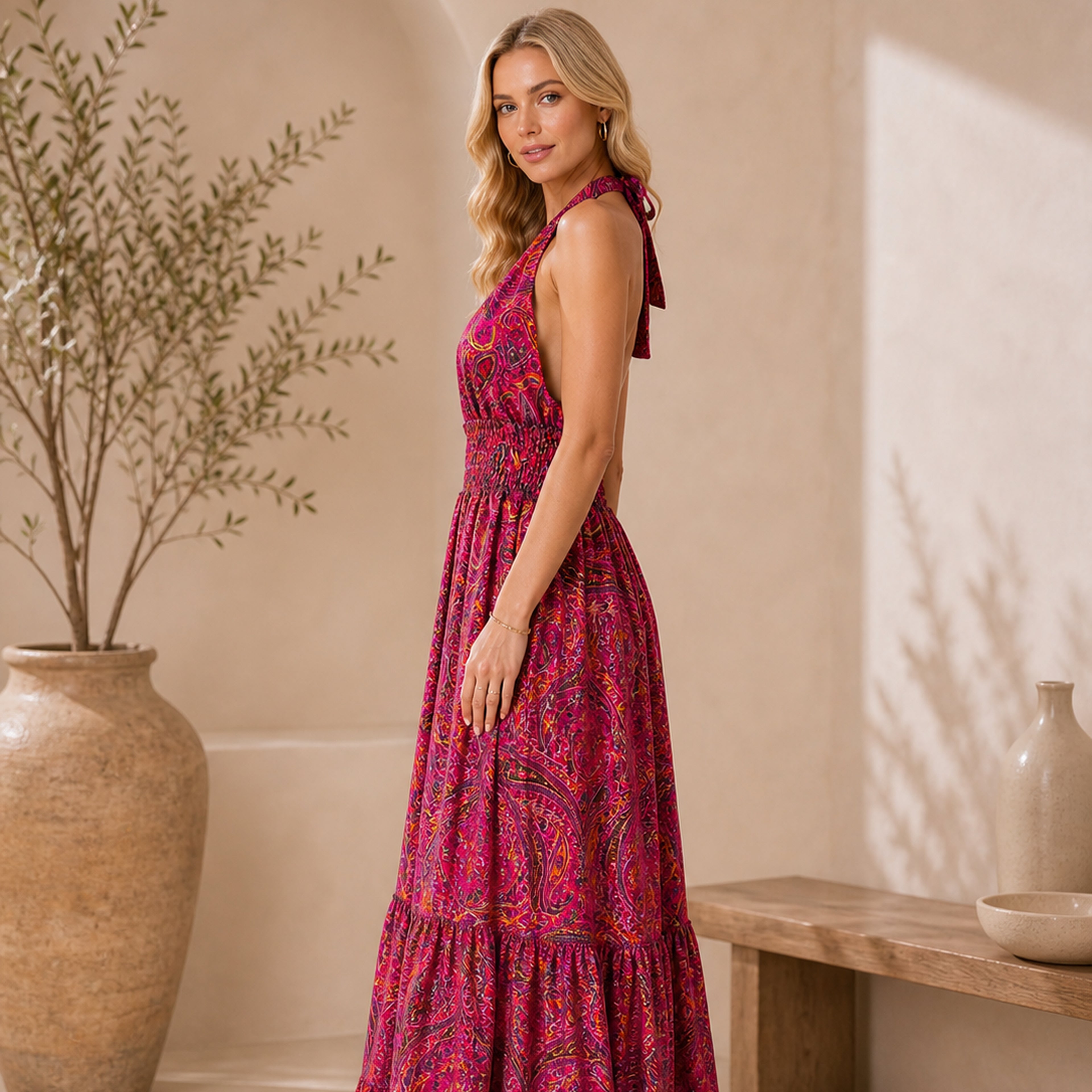 The Thari Paisley Print Silk Halter Dress