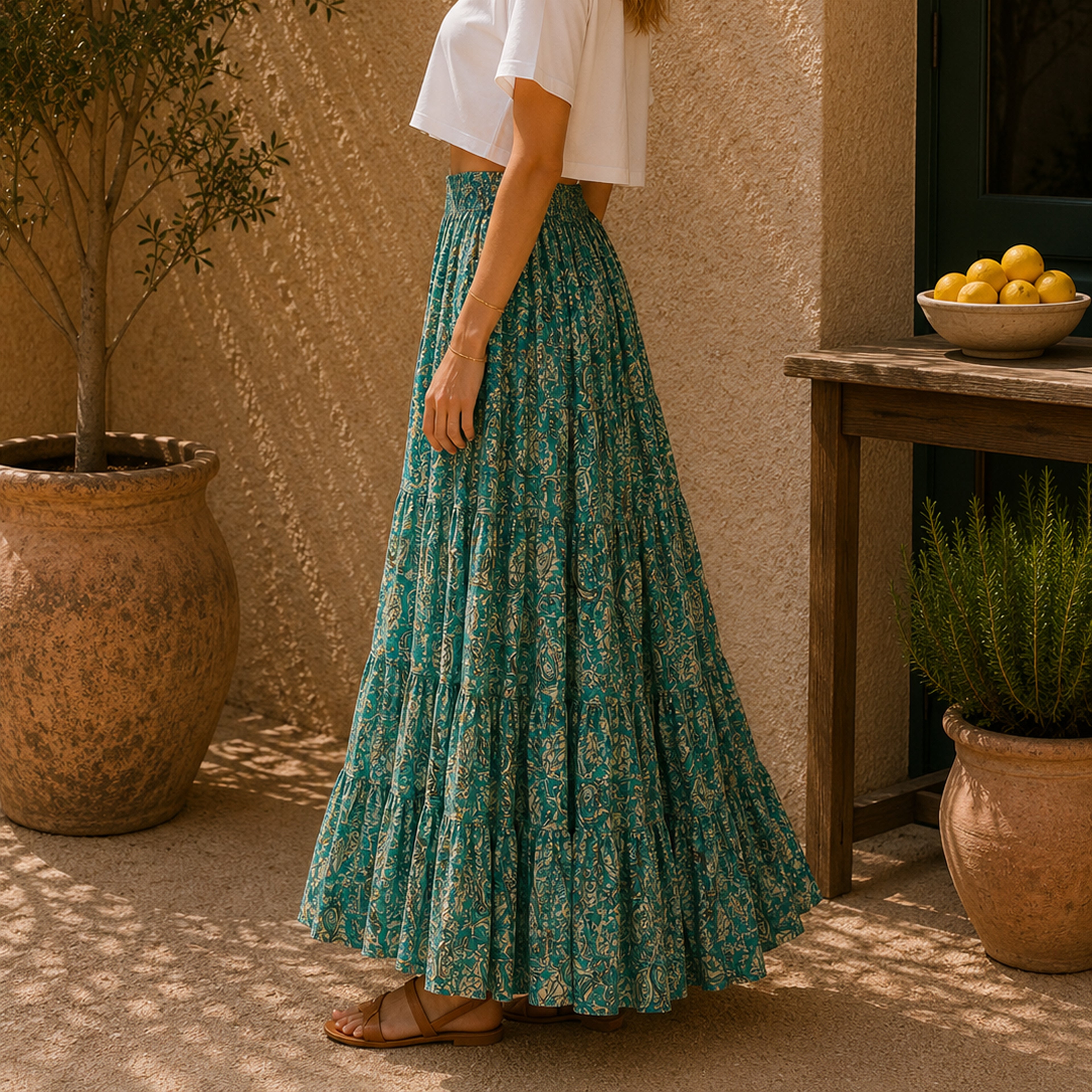 The Thari Hand-Printed Paisley Print Cotton Maxi Skirt