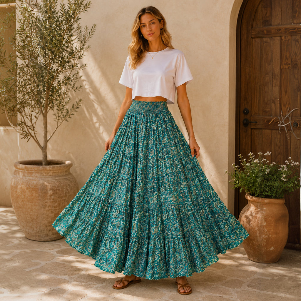 The Thari Hand-Printed Paisley Print Cotton Maxi Skirt
