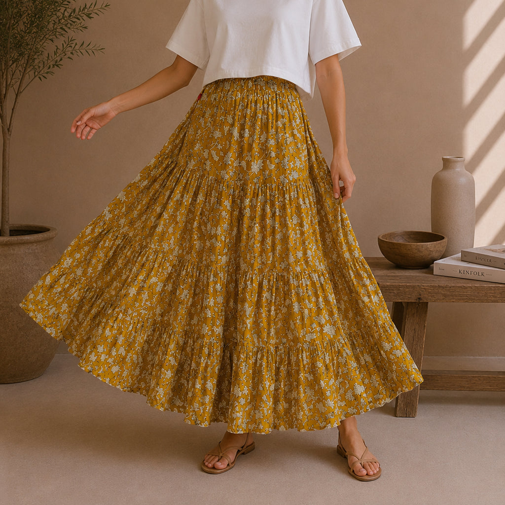The Thari Hand-Printed leaf Print Cotton Maxi Skirt