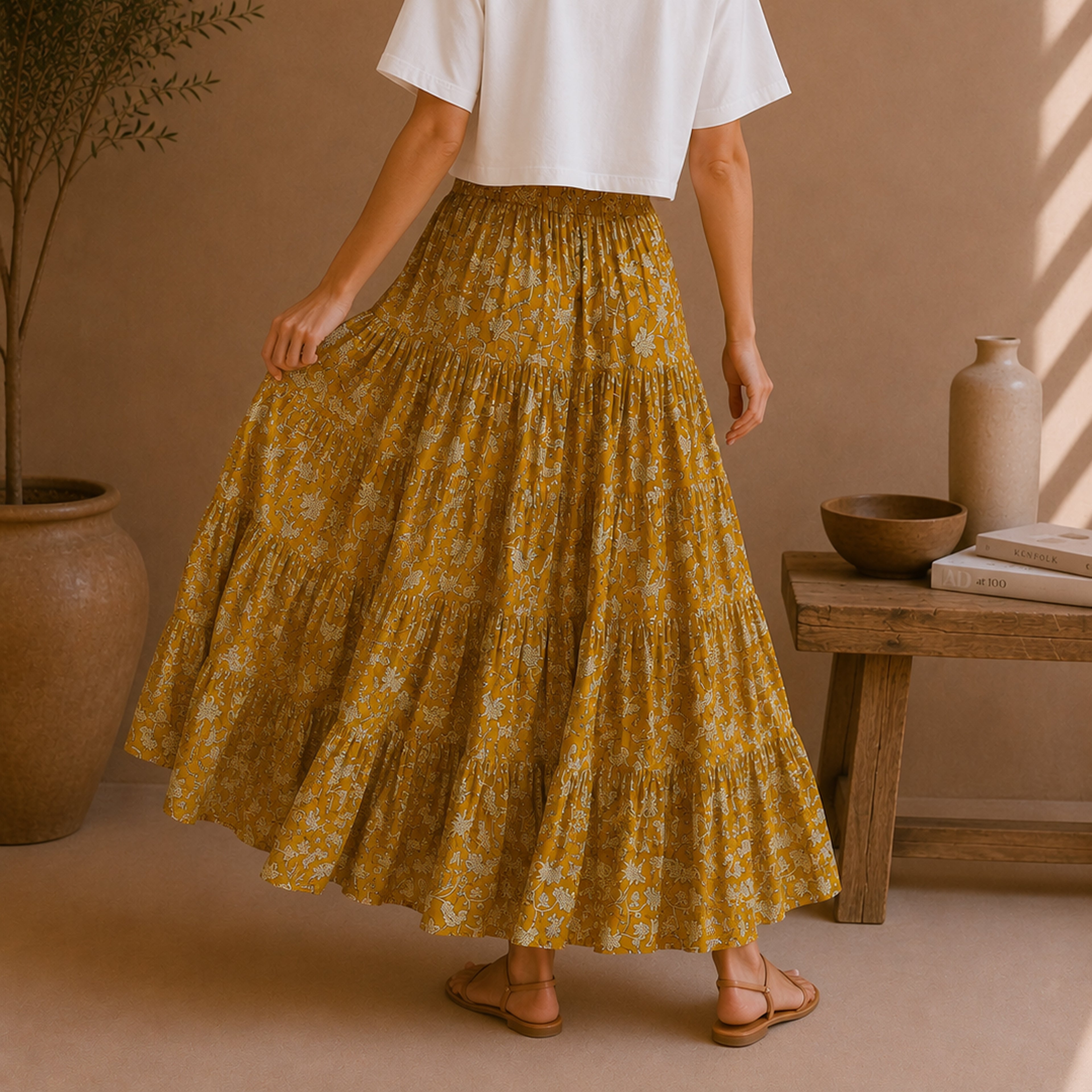 The Thari Hand-Printed leaf Print Cotton Maxi Skirt