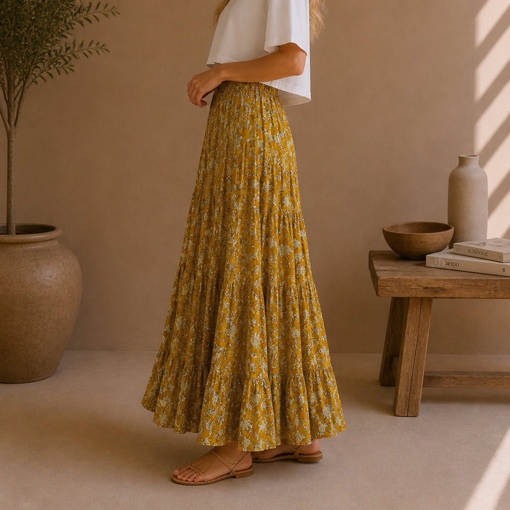 The Thari Hand-Printed leaf Print Cotton Maxi Skirt