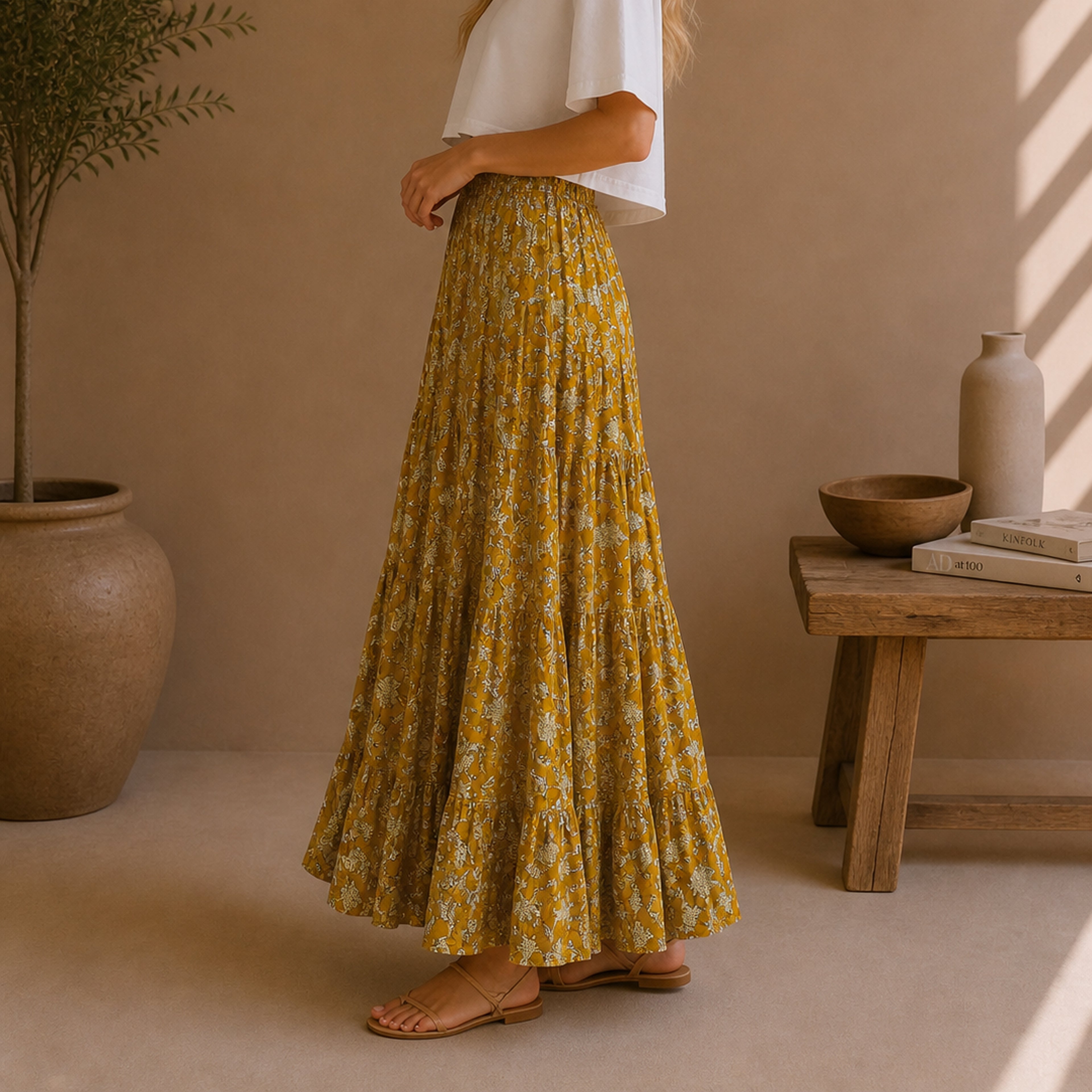 The Thari Hand-Printed leaf Print Cotton Maxi Skirt